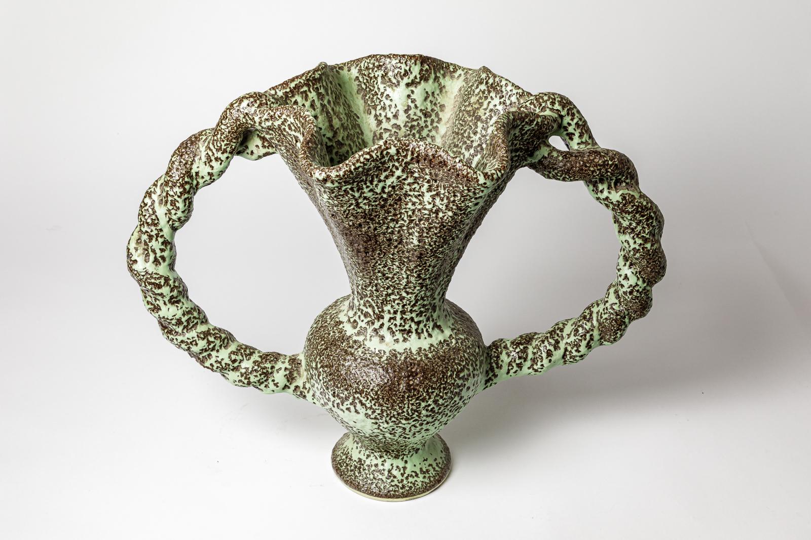Mid-Century Modern large green and black 20th century design ceramic vase by Mairus Giuge Vallauris For Sale