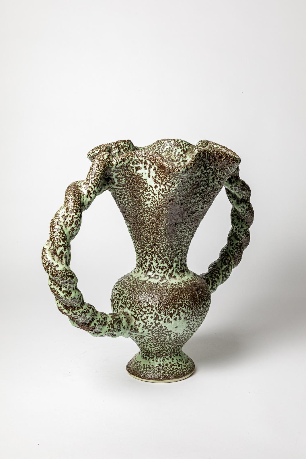 French large green and black 20th century design ceramic vase by Mairus Giuge Vallauris For Sale