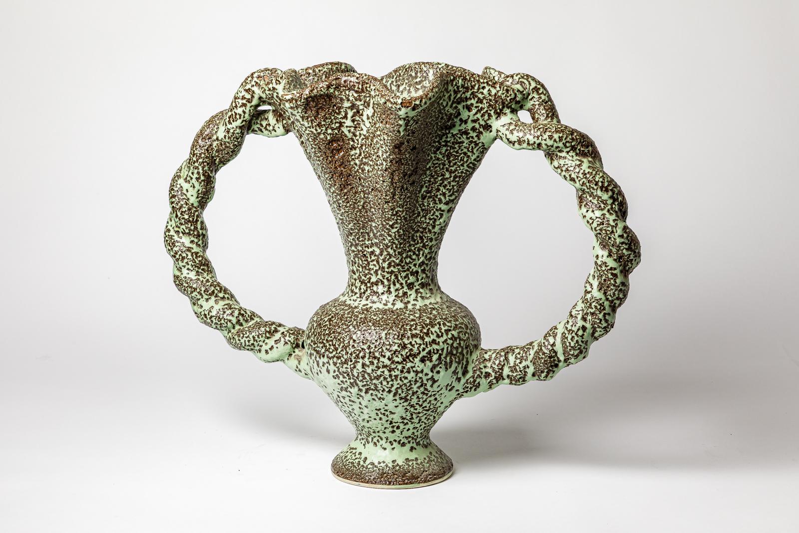 large green and black 20th century design ceramic vase by Mairus Giuge Vallauris In Excellent Condition For Sale In Neuilly-en- sancerre, FR