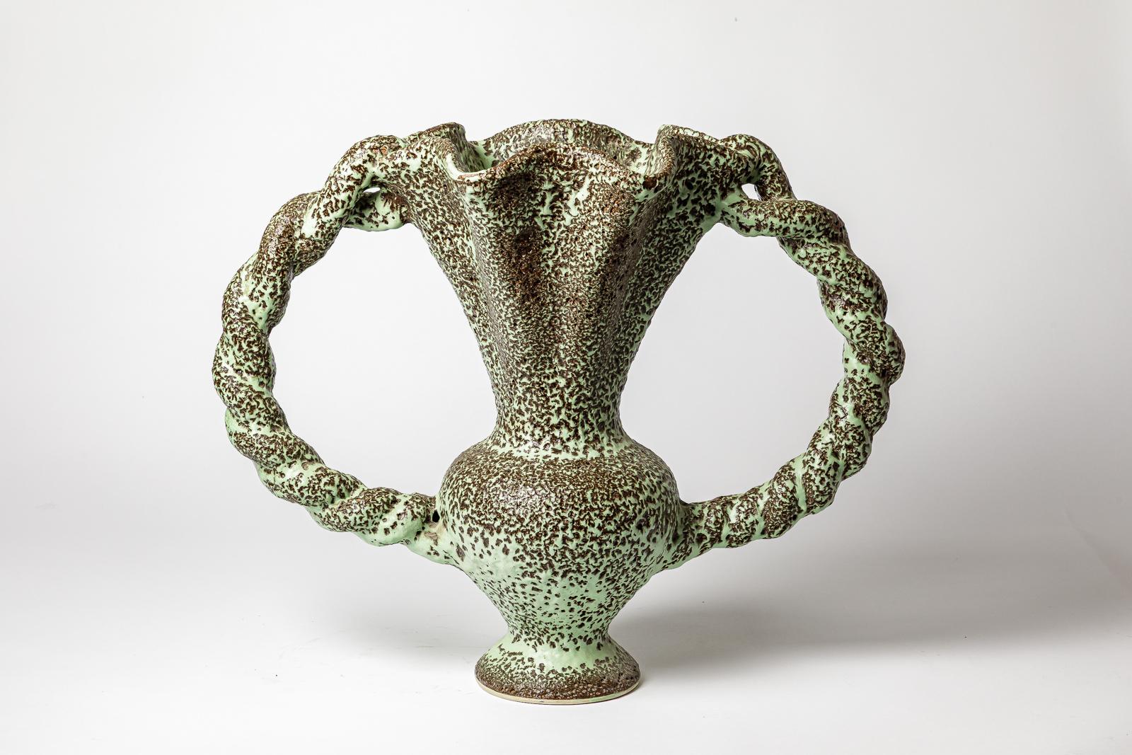 20th Century large green and black 20th century design ceramic vase by Mairus Giuge Vallauris For Sale