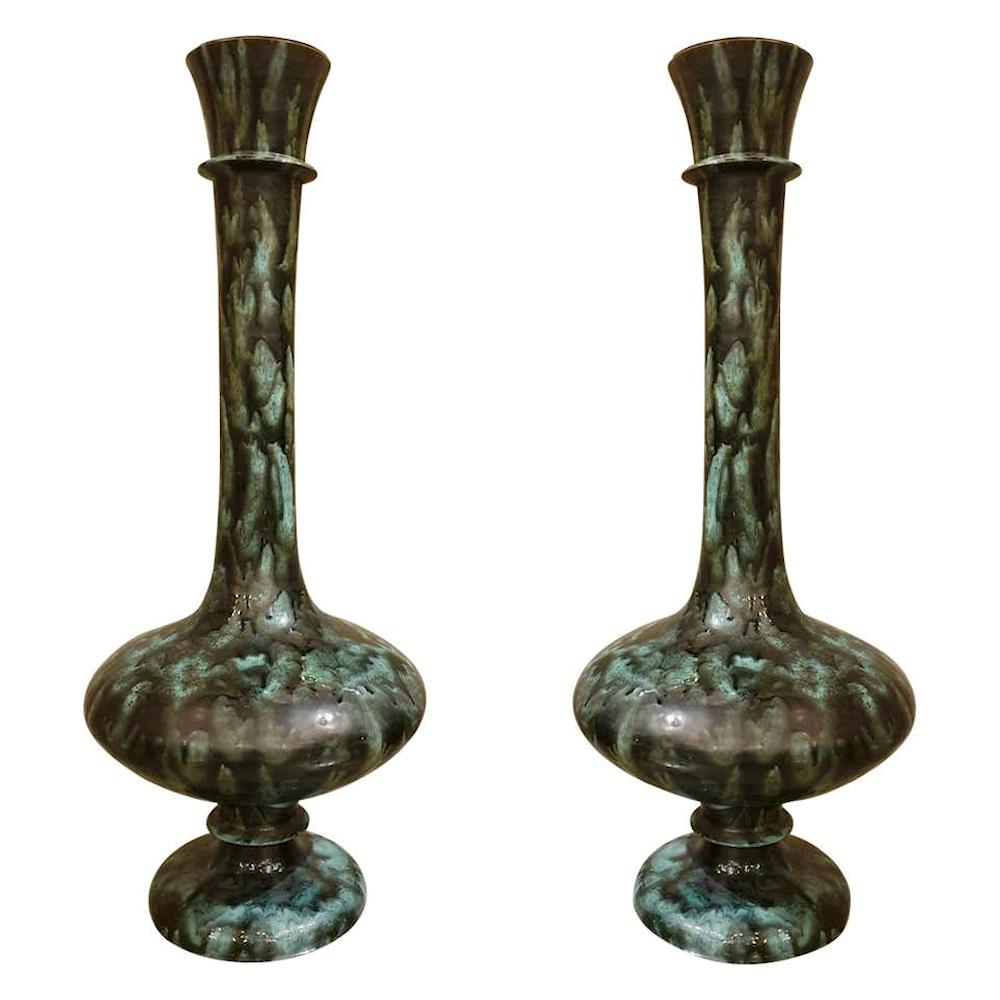 Large Green Ceramic Amphora Vases - a pair