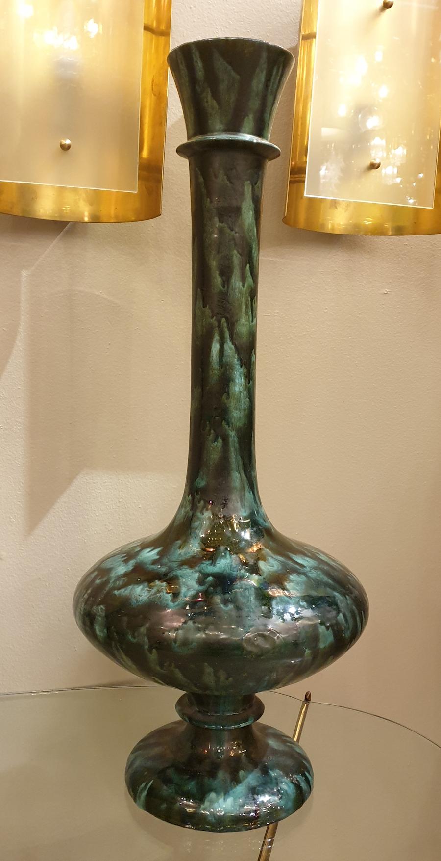 Italian Large Green Ceramic Amphora Vases - a pair For Sale
