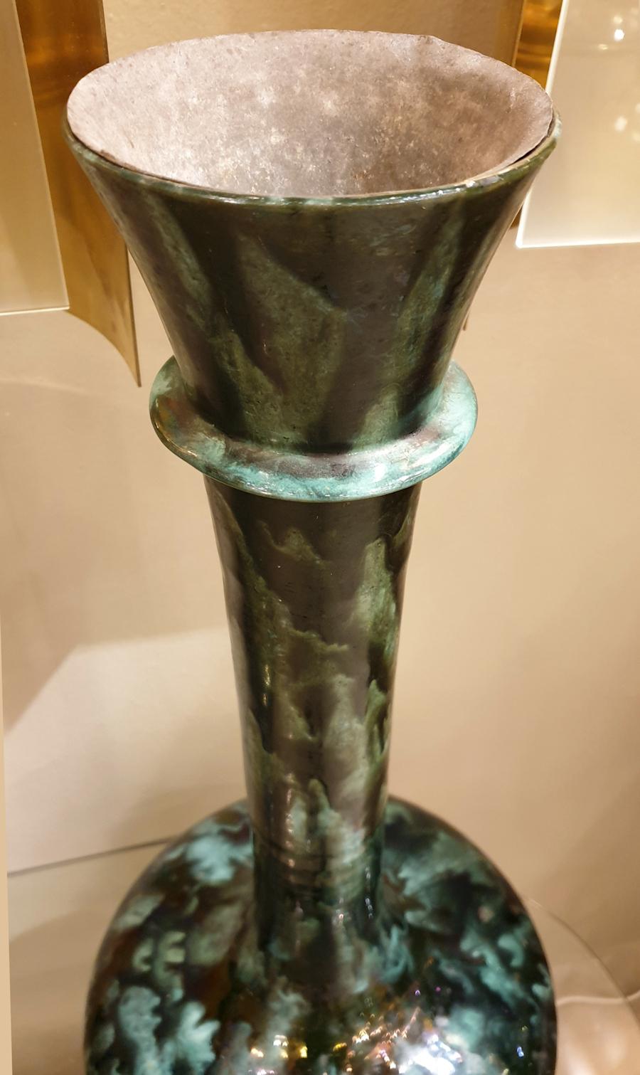 Pottery Large Green Ceramic Amphora Vases - a pair For Sale