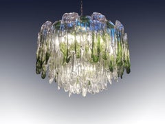 Large Green and Clear Textured Glass Chandelier by Salviati