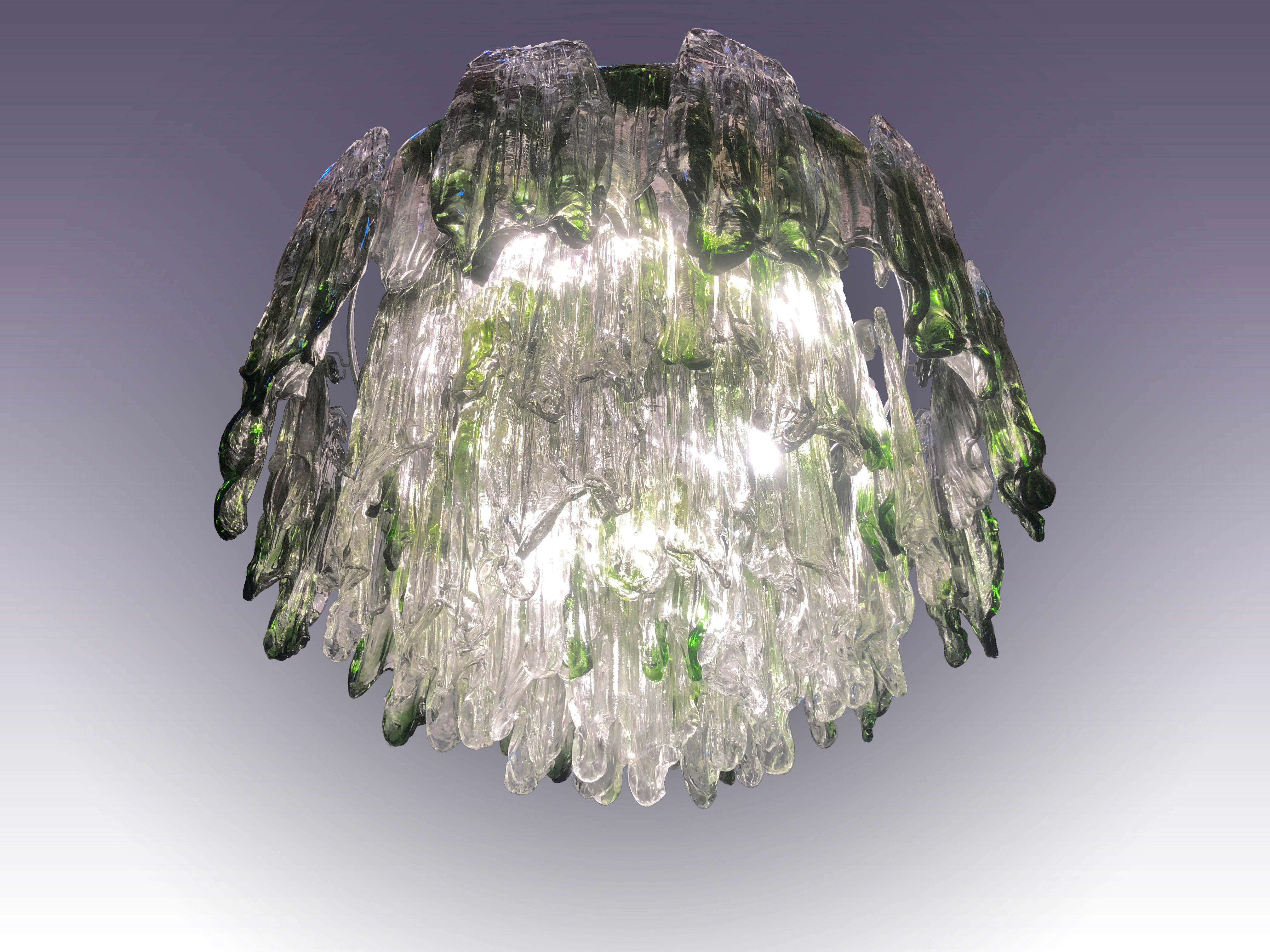 Italian Large Green and Clear Textured Glass Chandelier by Salviati For Sale