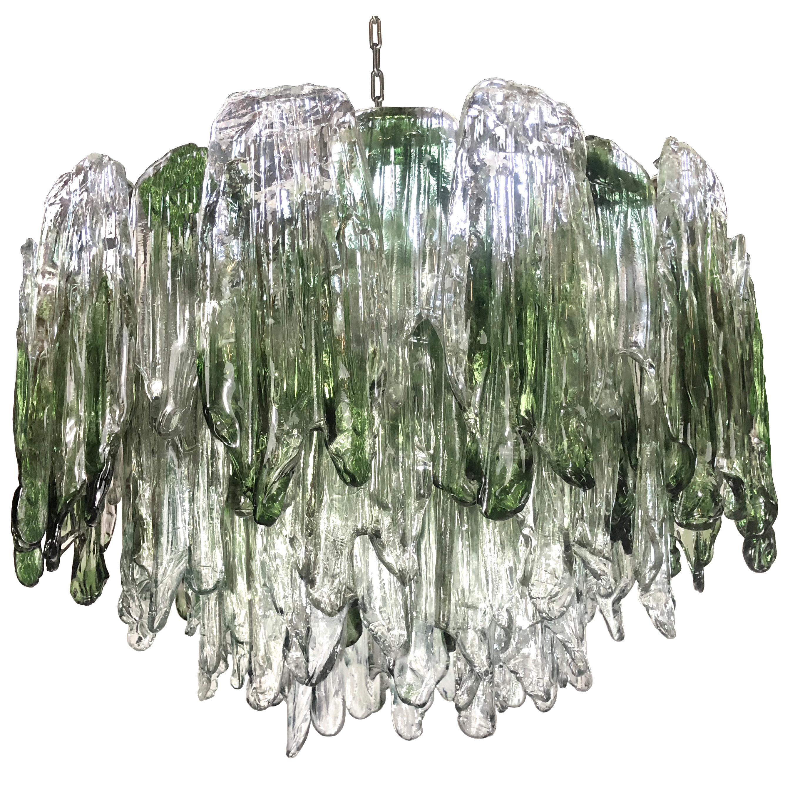 Large Green and Clear Textured Glass Chandelier by Salviati For Sale