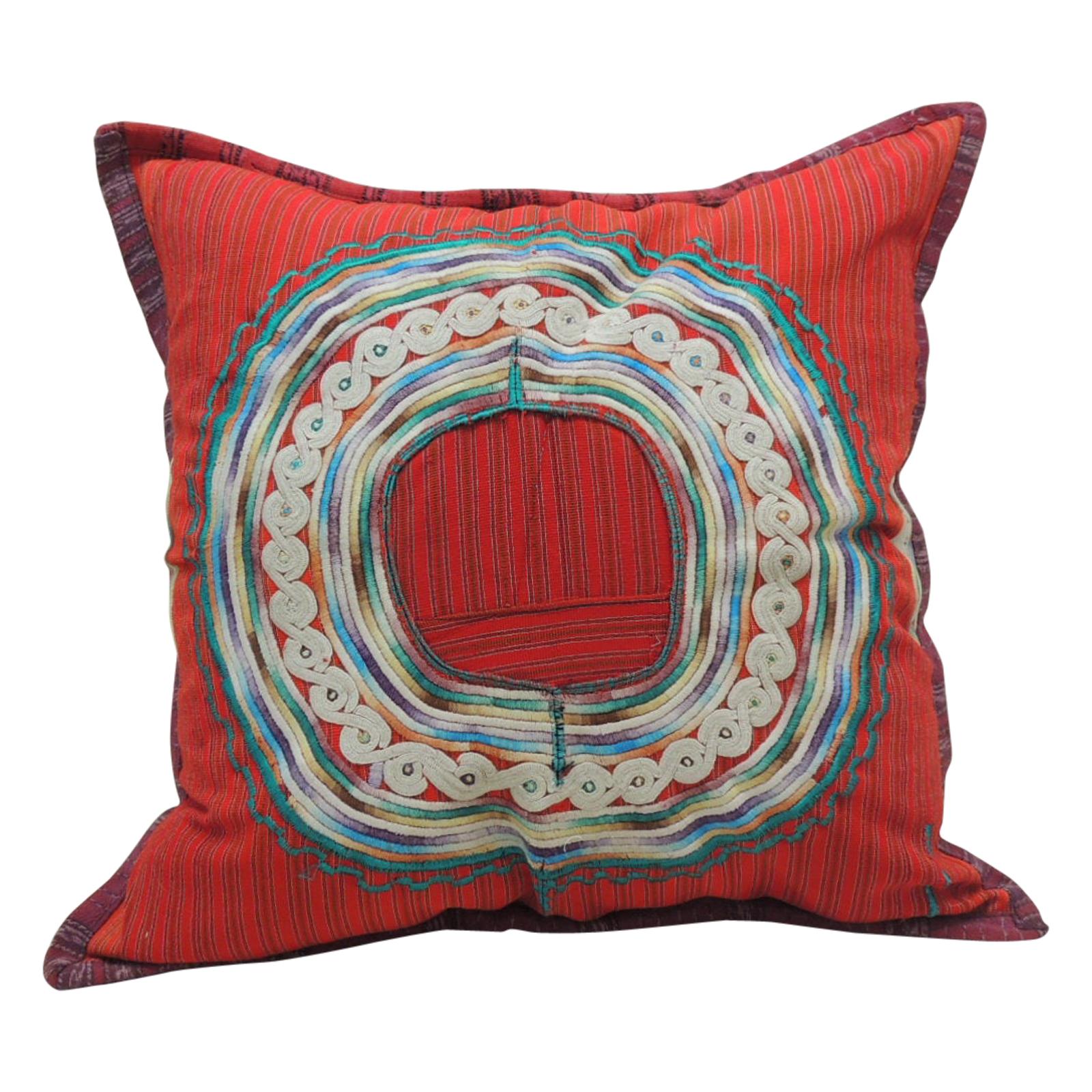 Large Green and Red Guatemalan Embroidered Square Decorative Pillow