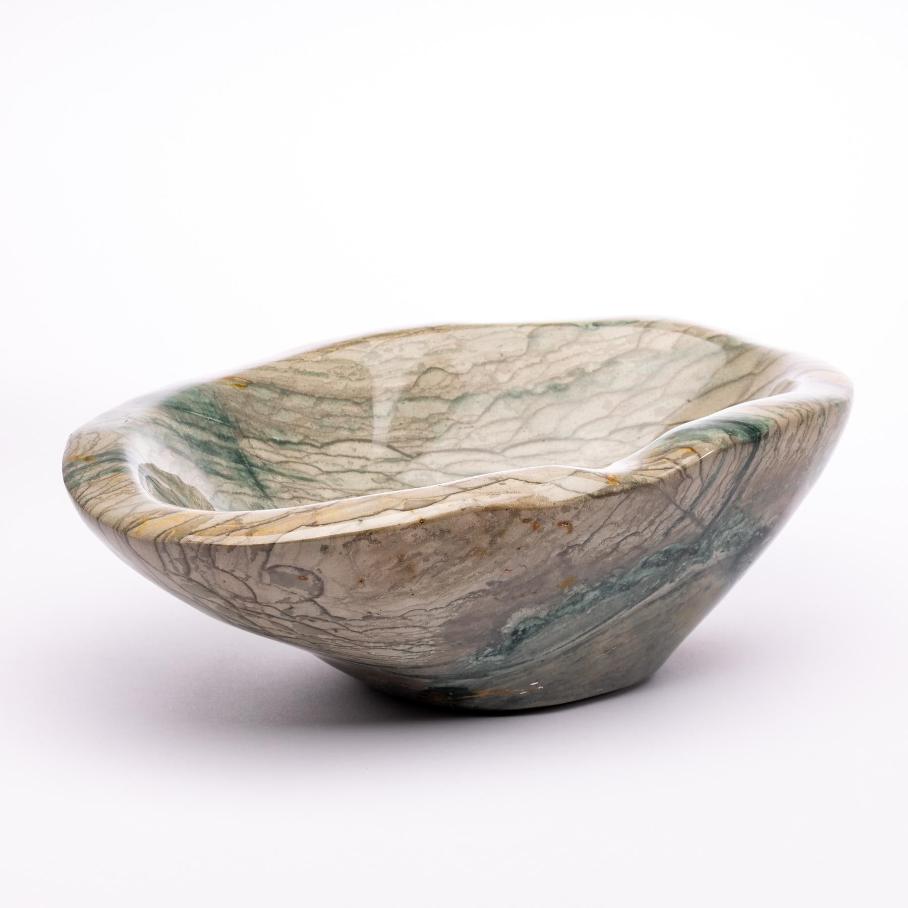Organic Modern Large Green and White Shade Jasper Handcrafted Bowl from Madagascar