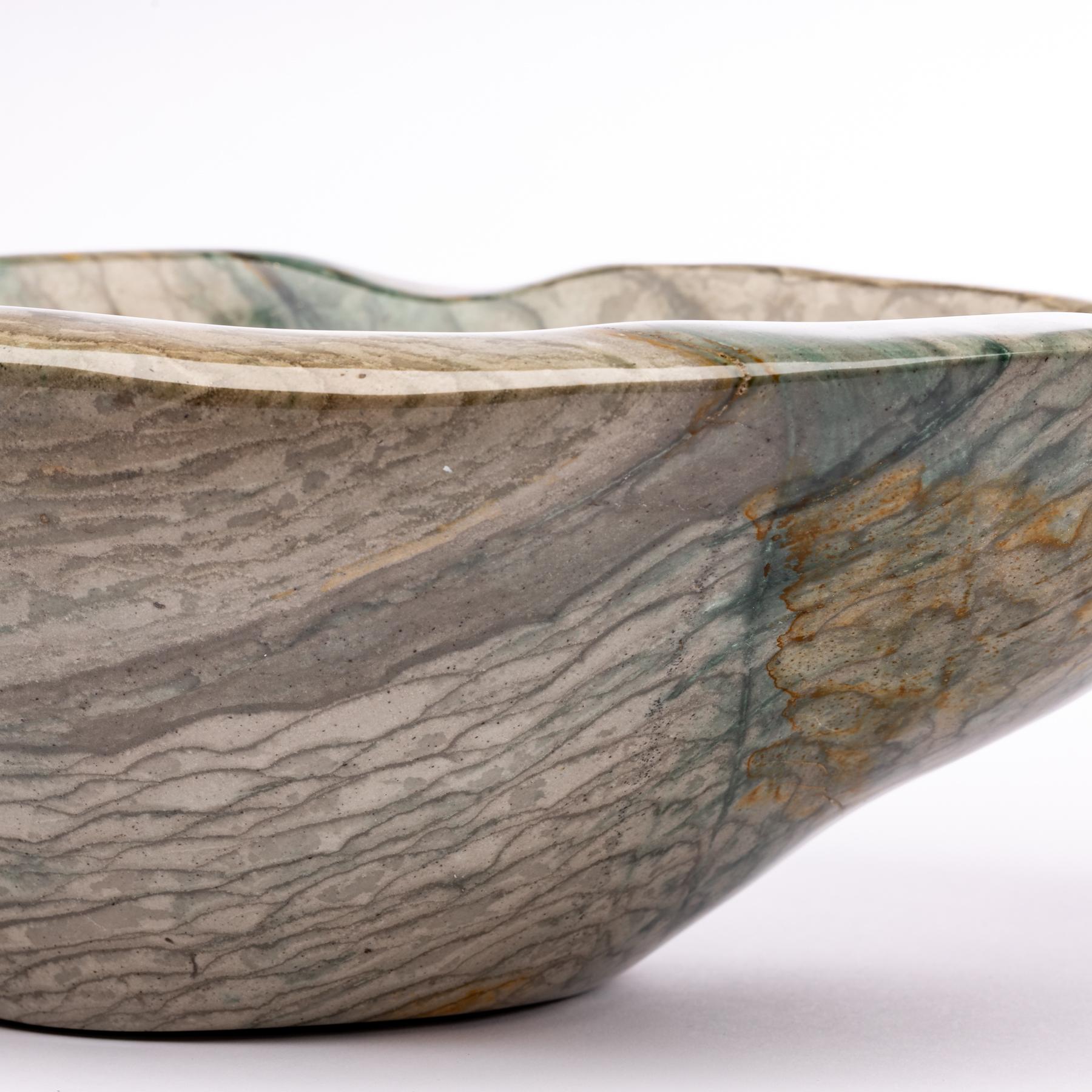 Contemporary Large Green and White Shade Jasper Handcrafted Bowl from Madagascar