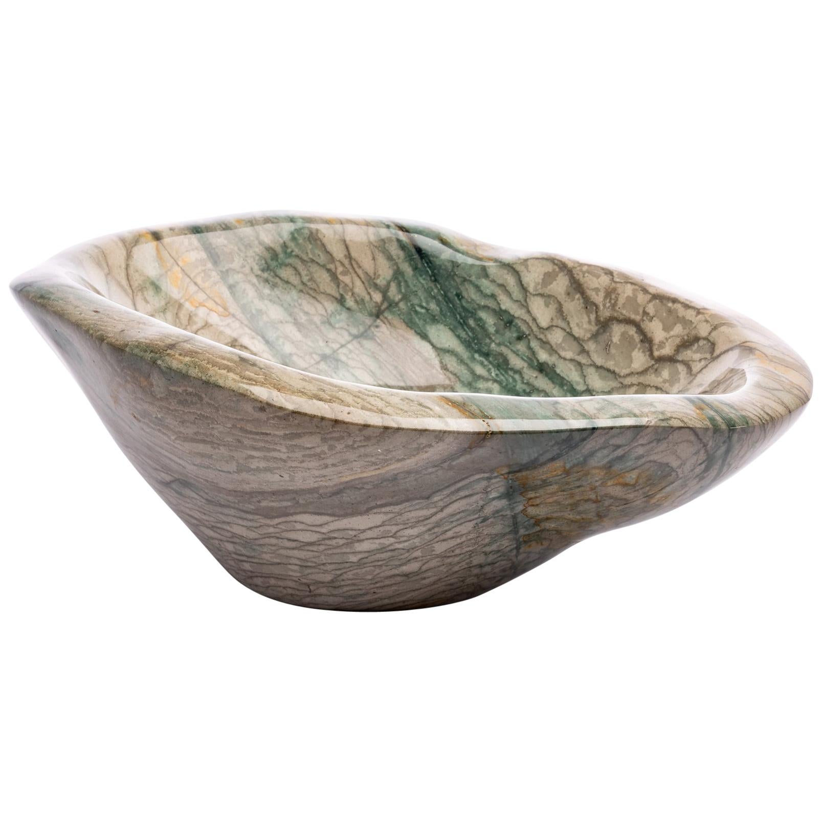 Large Green and White Shade Jasper Handcrafted Bowl from Madagascar