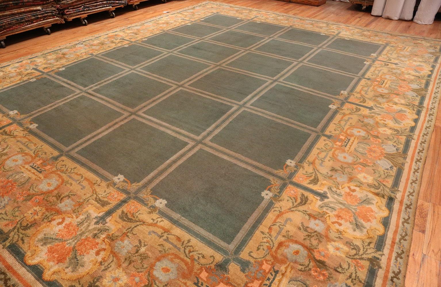 Hand-Knotted Large Green Antique Spanish Savonnerie Carpet. Size: 15 ft 6 in x 19 ft
