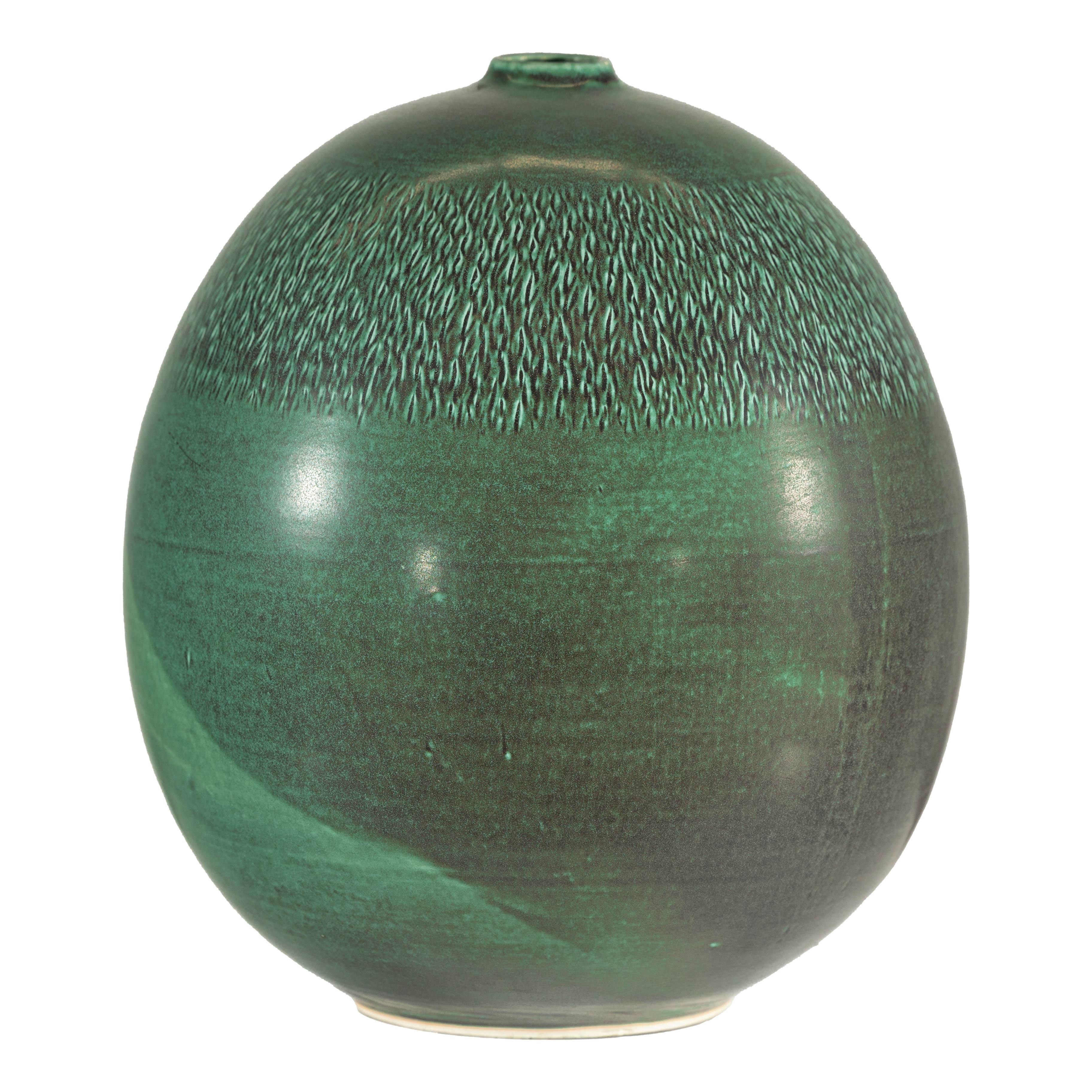 Grand vase artisanal vert à glaçure texturée, accent décoratif moderne en vente 11