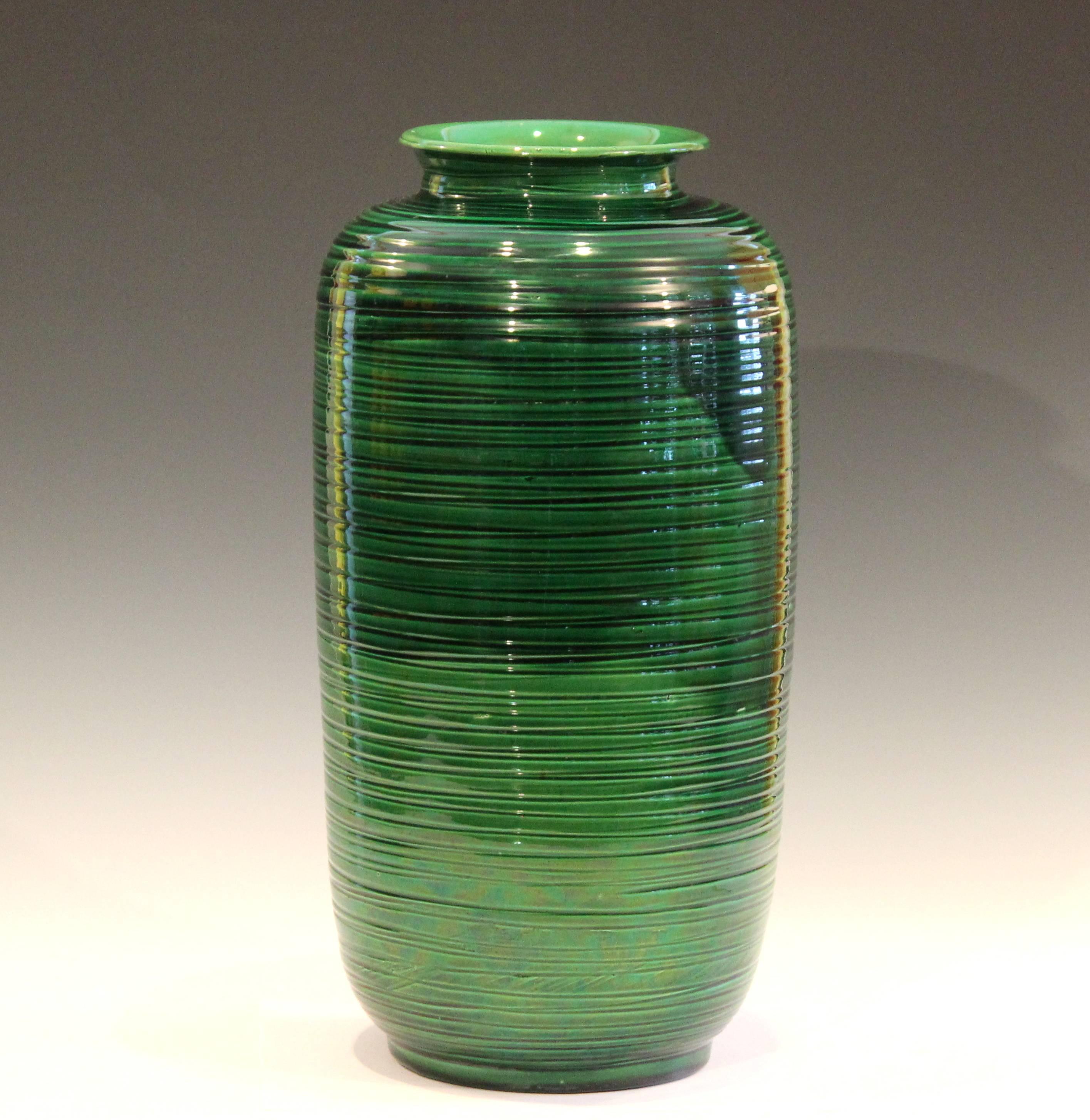 Arts and Crafts Large Green Awaji Hand Turned Japanese Pottery Ribbed Tea Jar Form Ikebana Vase
