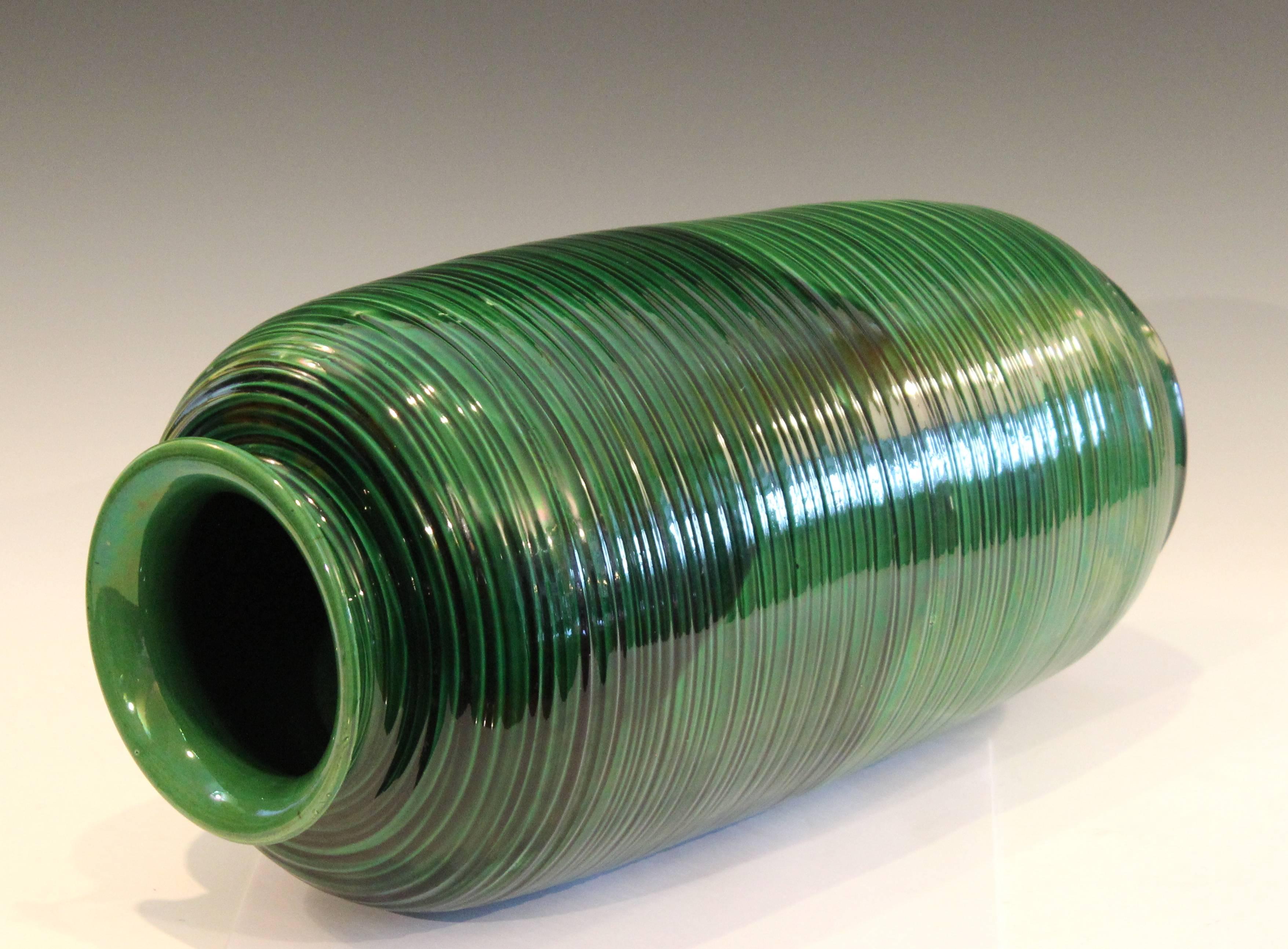 Early 20th Century Large Green Awaji Hand Turned Japanese Pottery Ribbed Tea Jar Form Ikebana Vase