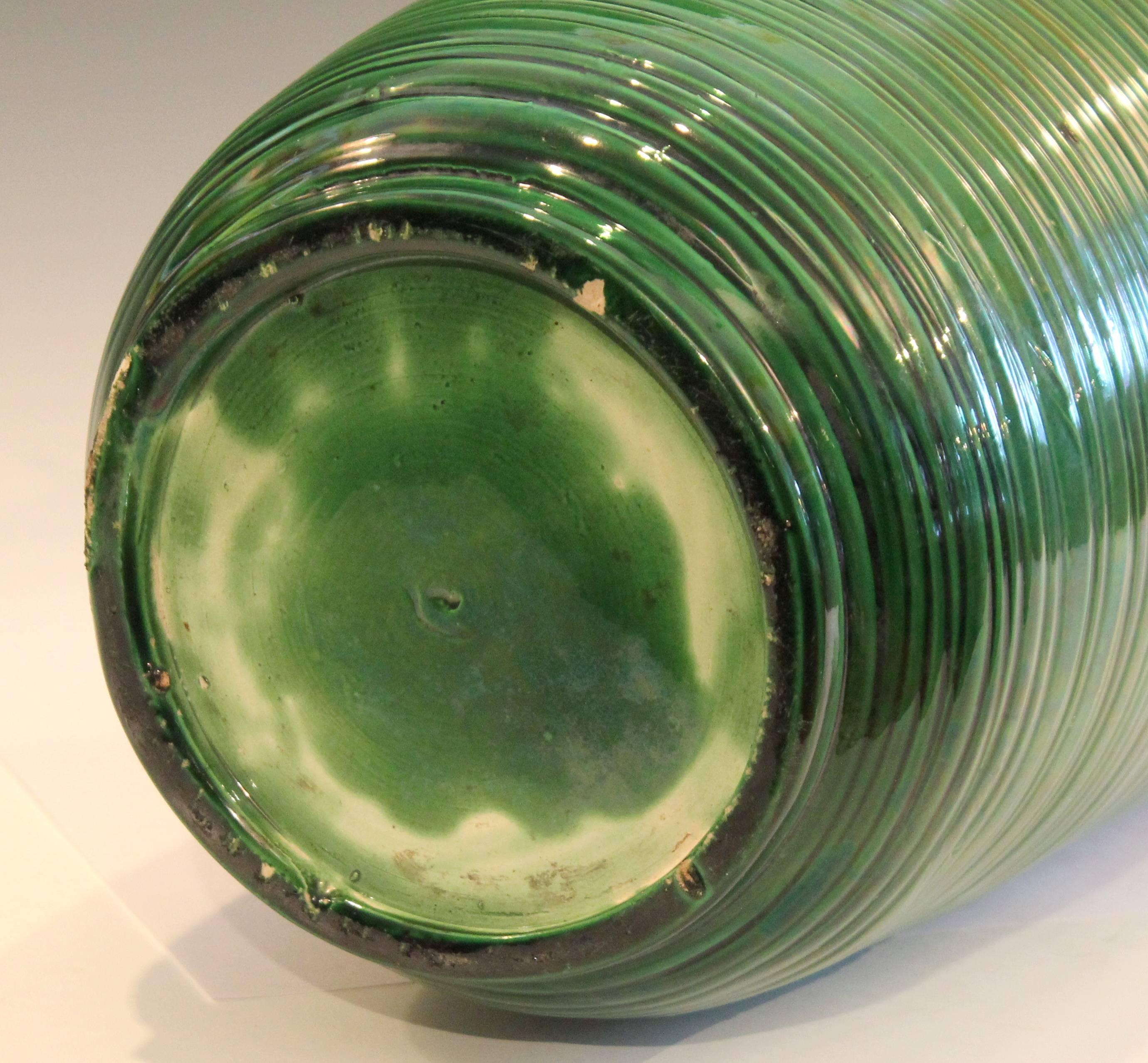 Large Green Awaji Hand Turned Japanese Pottery Ribbed Tea Jar Form Ikebana Vase 2