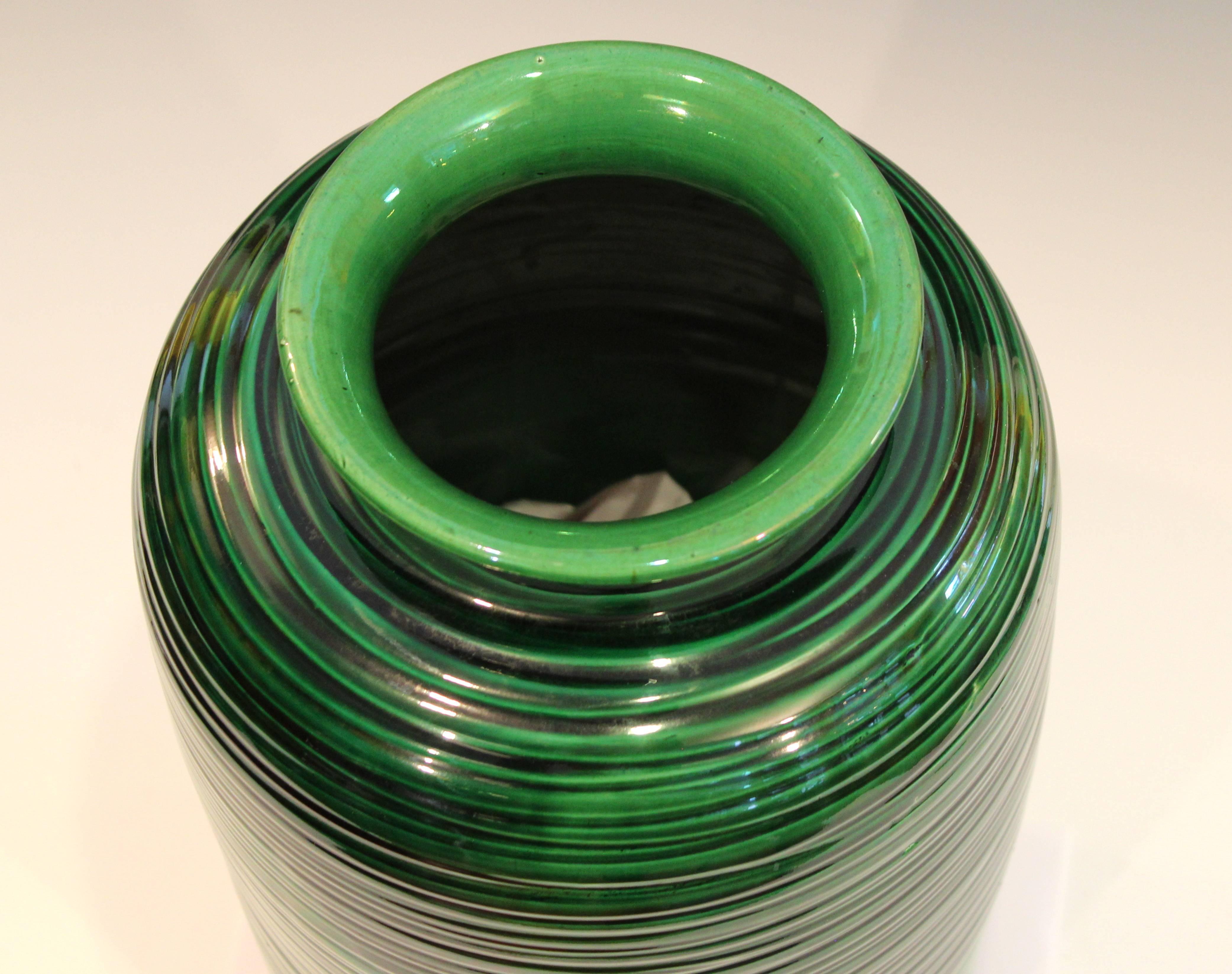 Large Green Awaji Hand Turned Japanese Pottery Ribbed Tea Jar Form Ikebana Vase 3