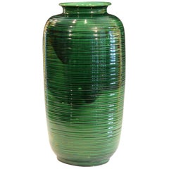 Large Green Awaji Hand Turned Japanese Pottery Ribbed Tea Jar Form Ikebana Vase