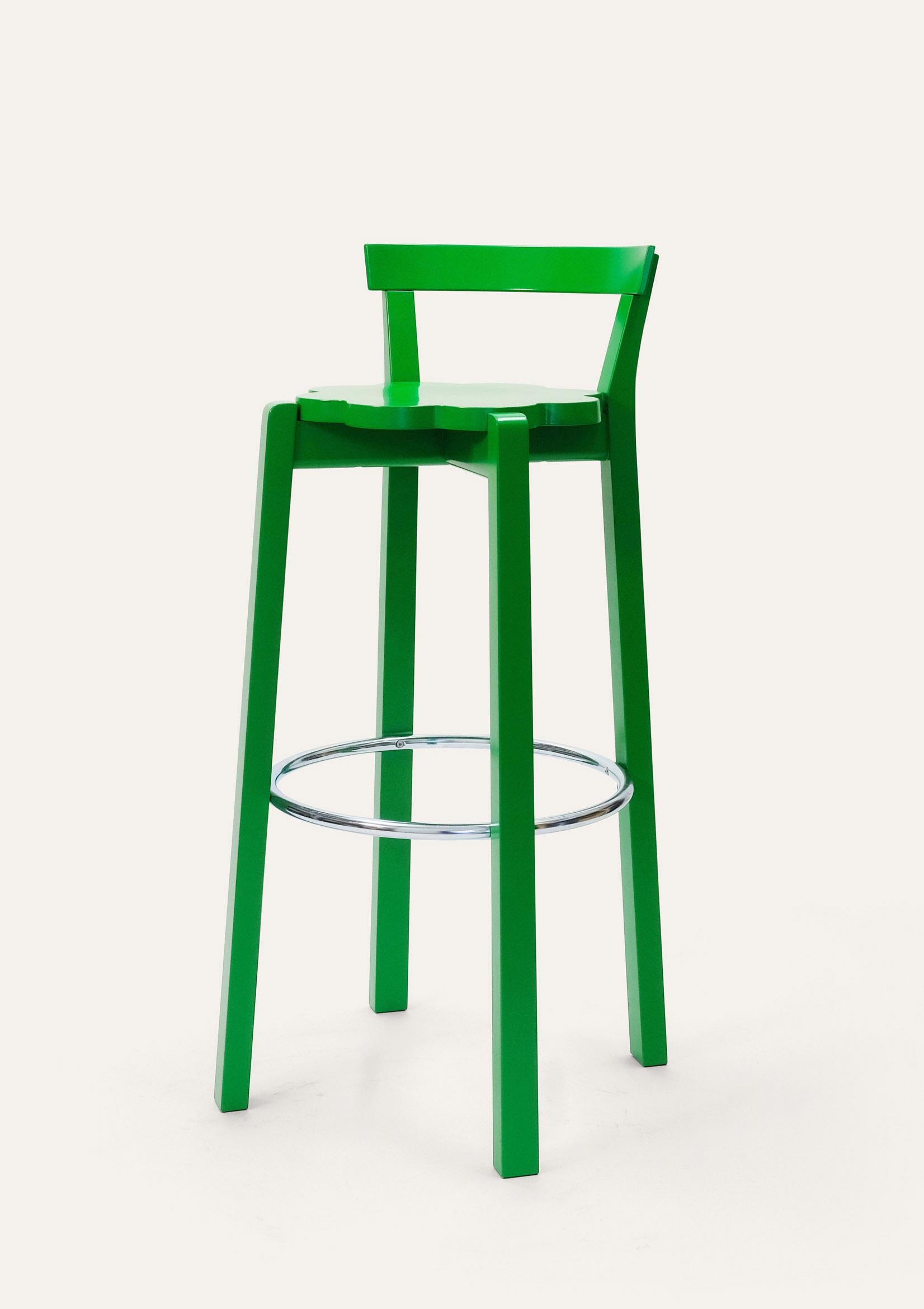 Large Green Blossom bar chair by Storängen Design
Dimensions: D 45 x W 44 x H 99 x SH 82 cm
Materials: birch wood, steel.
Available in other colors and sizes. With or without backrest.

A small and neat stackable chair, which works well round