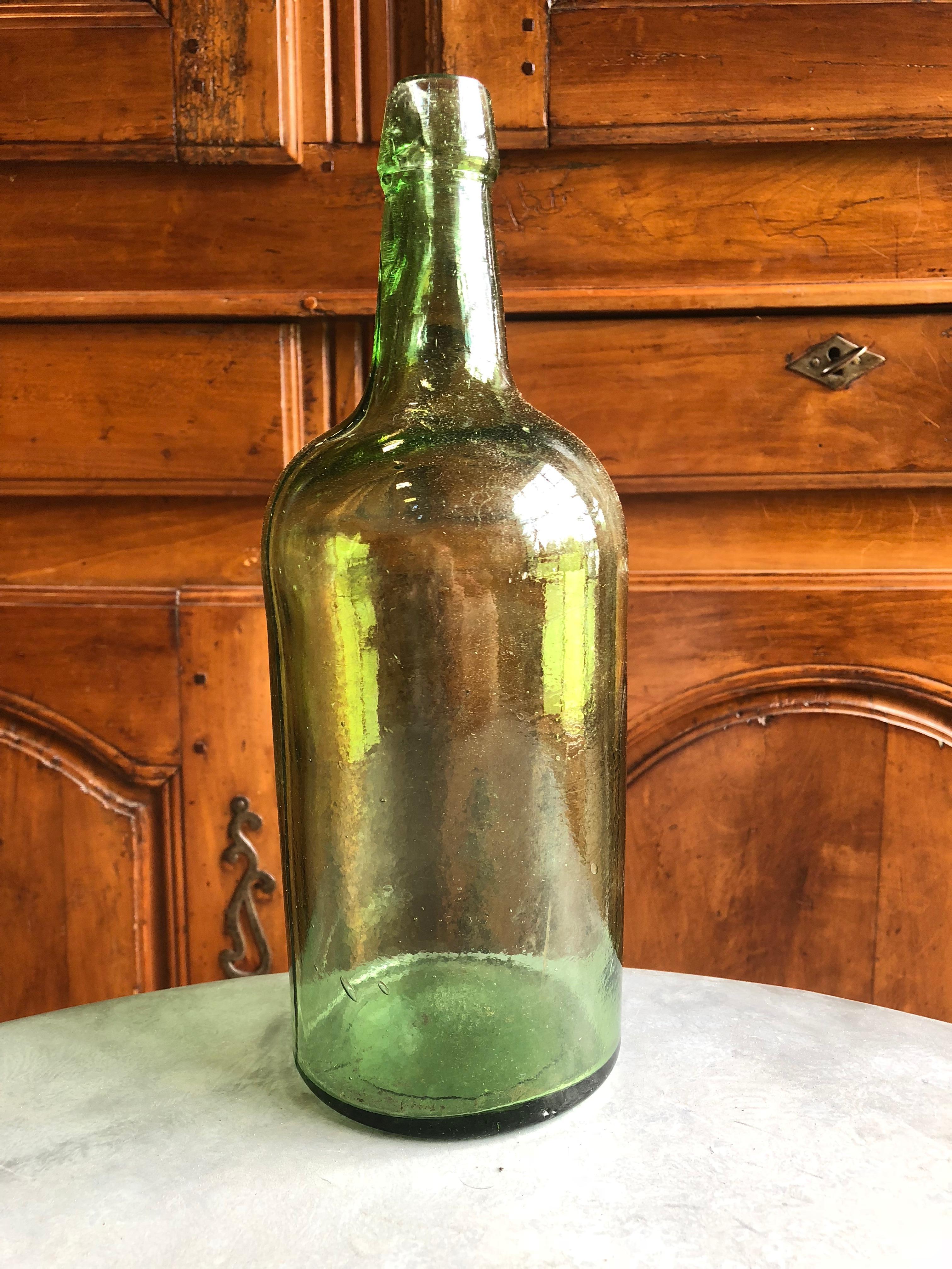 American Large Green Blown Glass Bottle, 19th Century