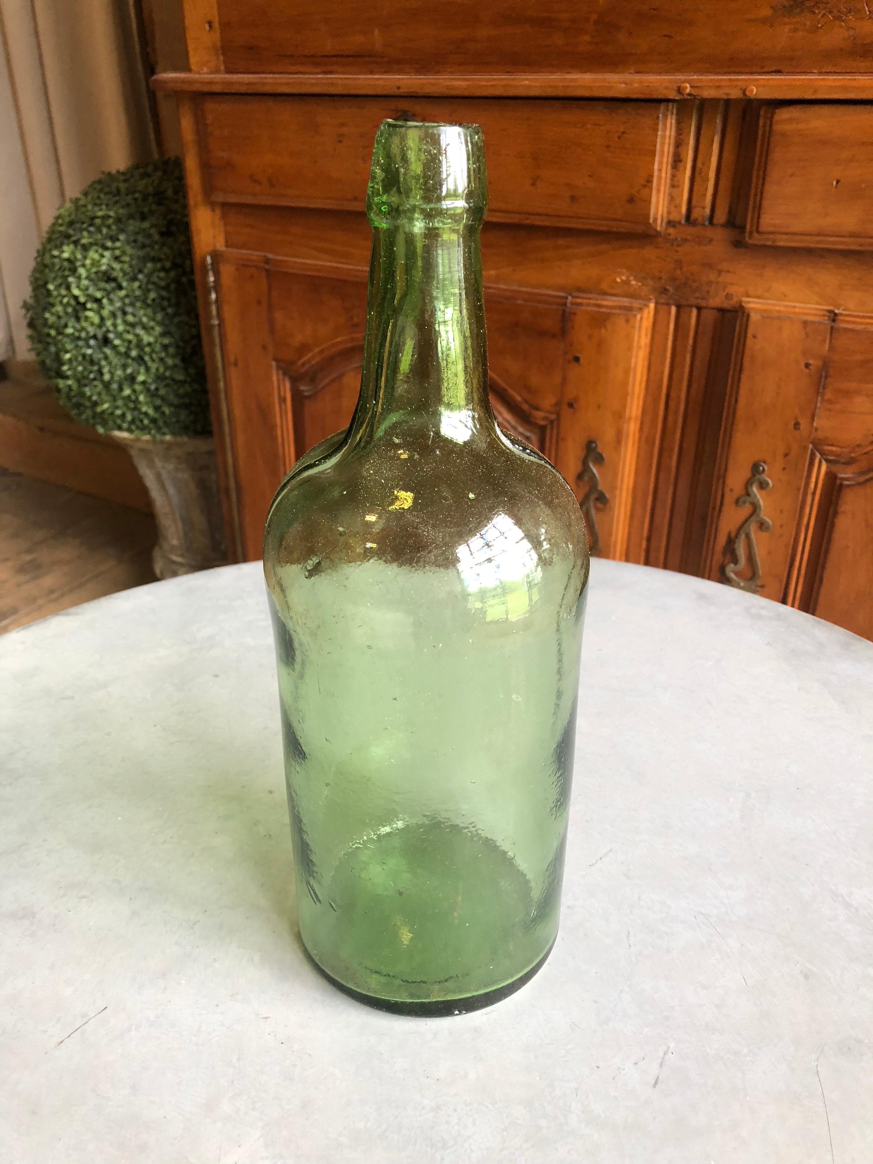 Large Green Blown Glass Bottle, 19th Century 2