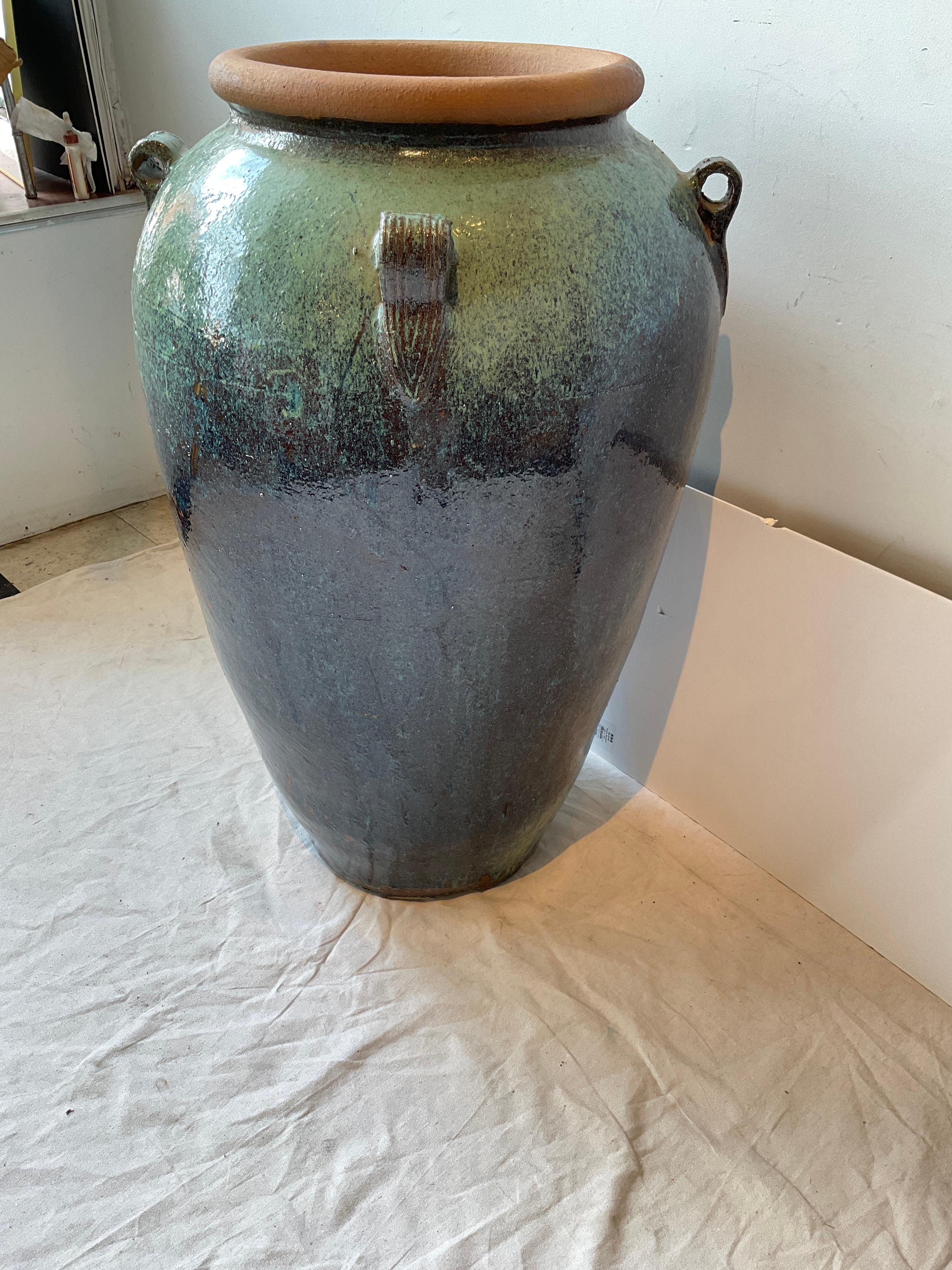 Contemporary Large Green/Blue Terracotta Glazed Urn For Sale