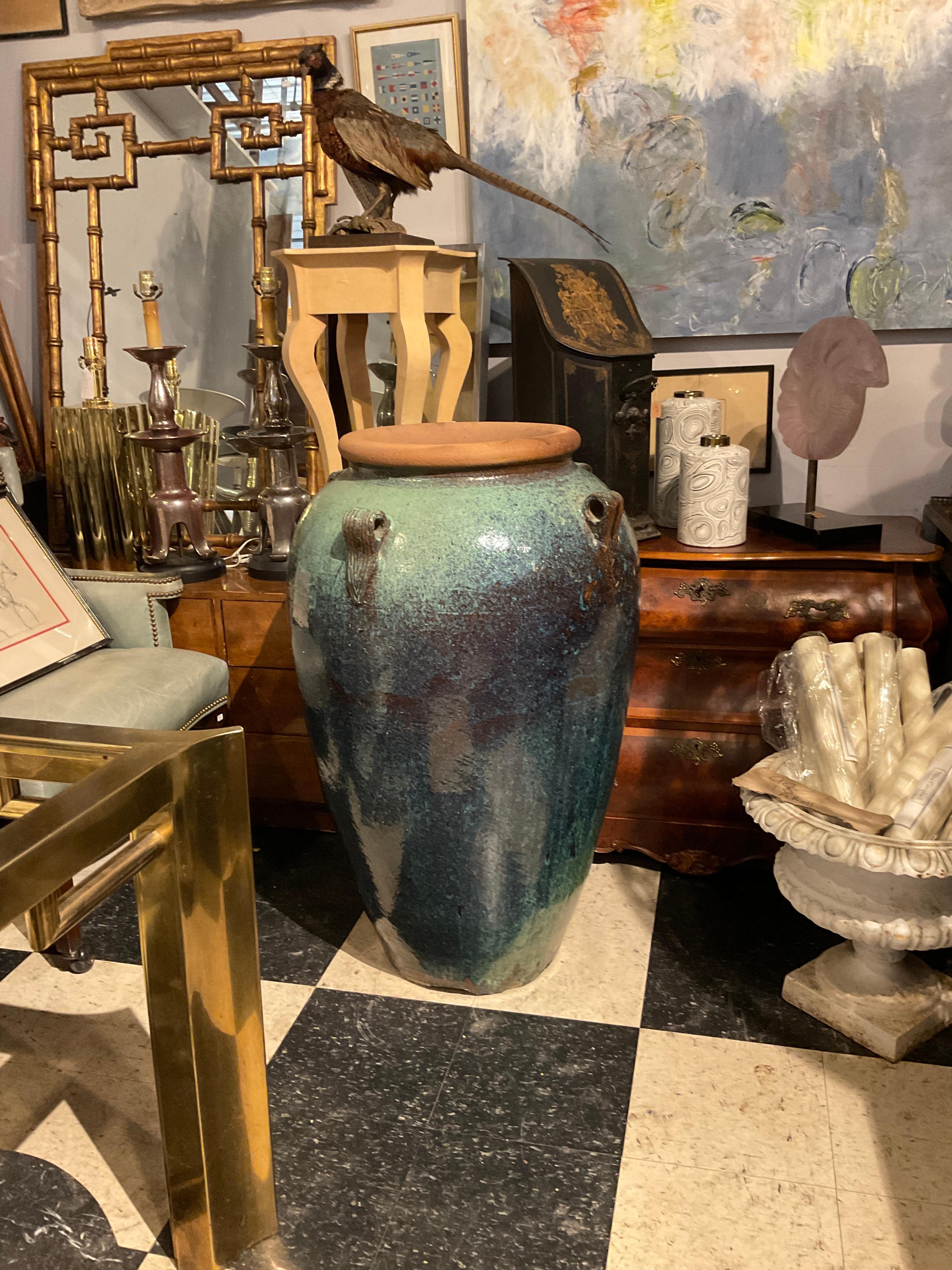 Large Green/Blue Terracotta Glazed Urn For Sale 5