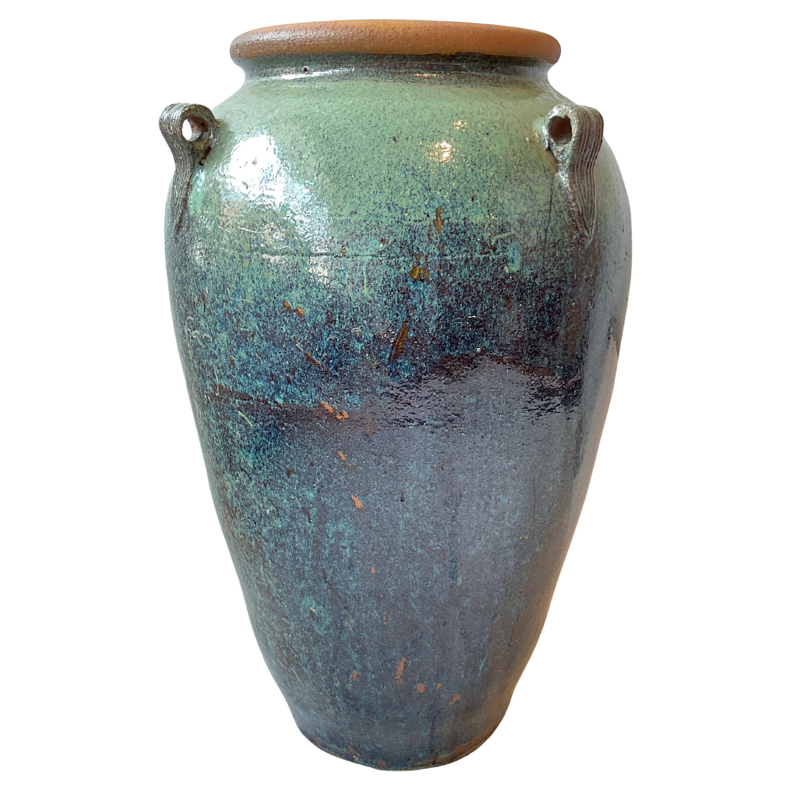 Large Green/Blue Terracotta Glazed Urn For Sale