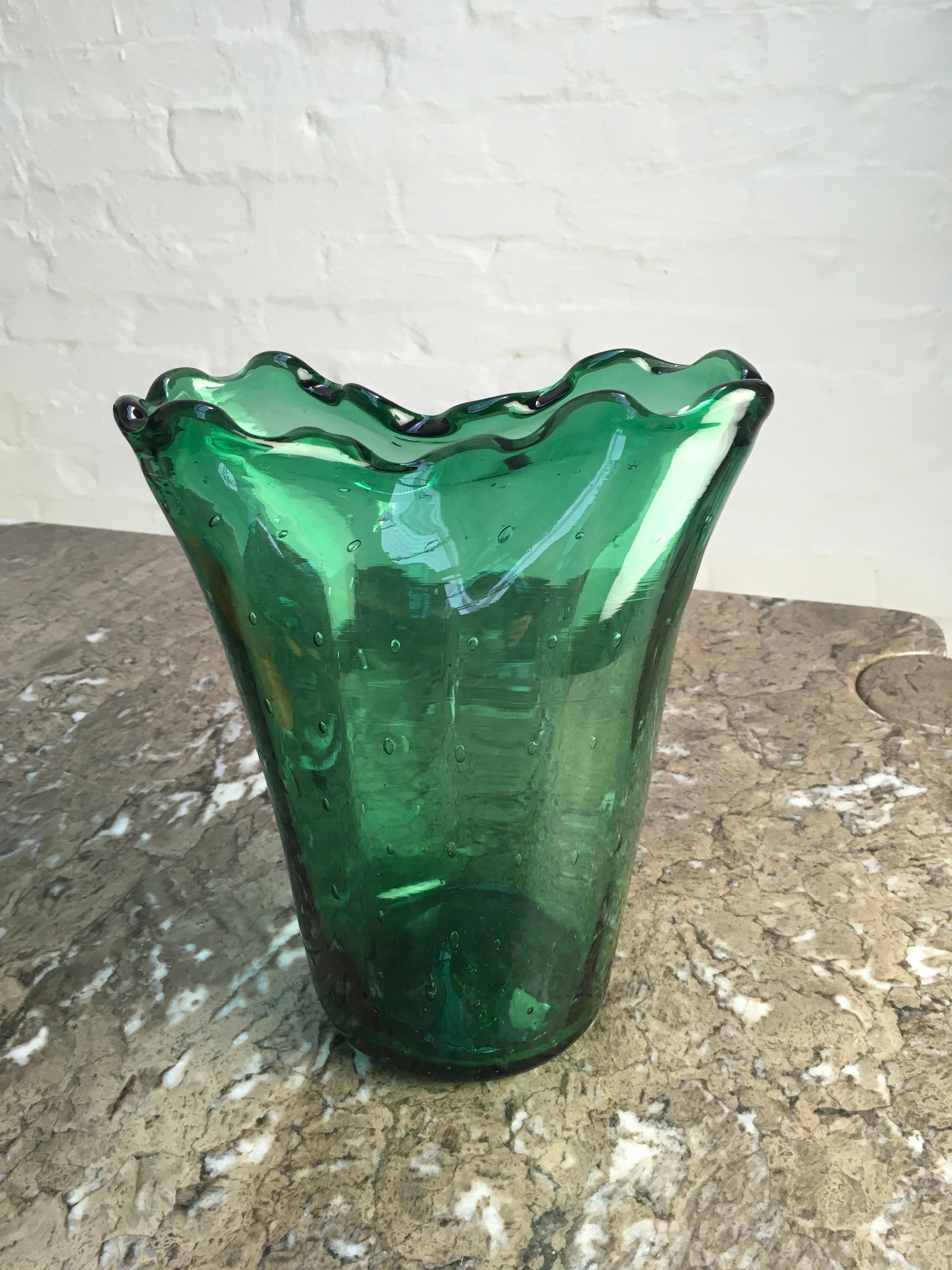 Art Glass Large Green Bullicante Vase in the Style of Archimede Seguso