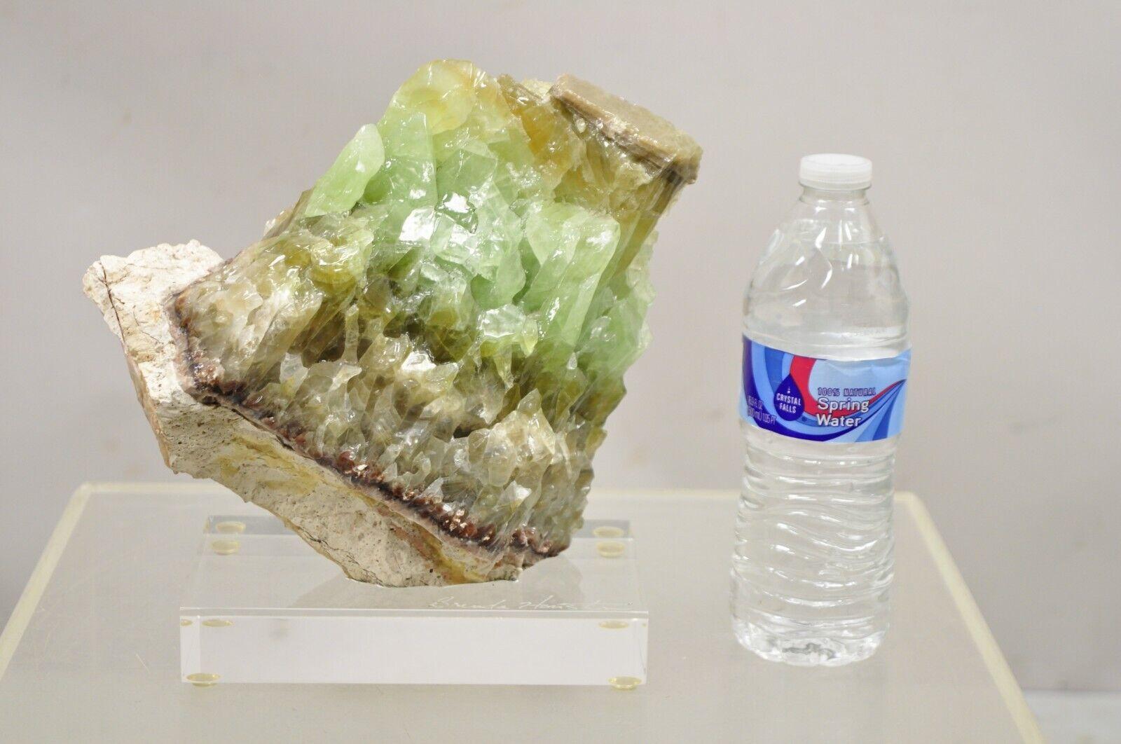 Large Green Calcite Quartz Mineral Geode Specimen Sculpture by Brenda Houston. Item features a remarkable green calcite quartz geode sculpture on clear acrylic/lucite base, artist signed 