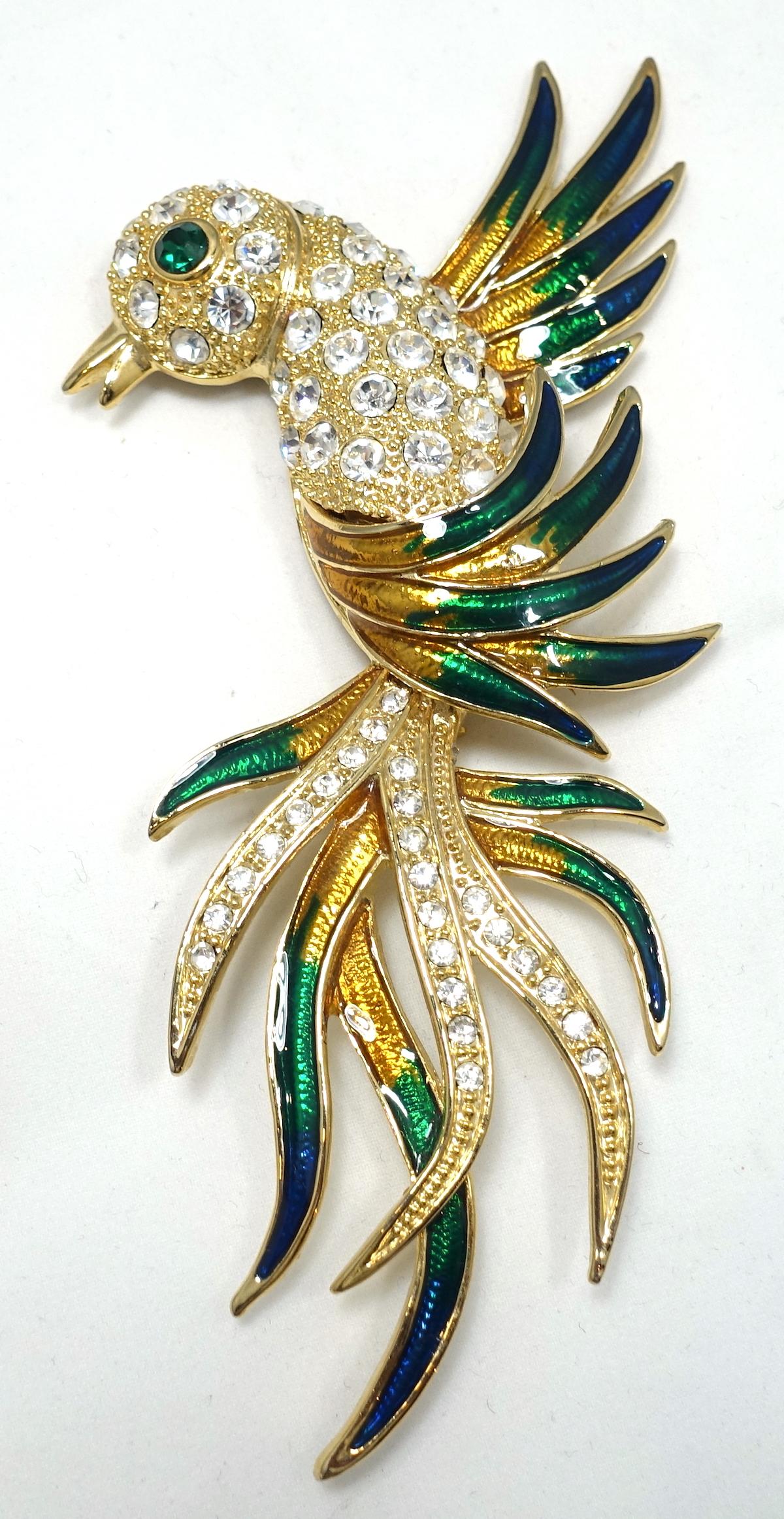 Large Green & Clear Crystals & Enamel Bird Brooch In Good Condition For Sale In New York, NY