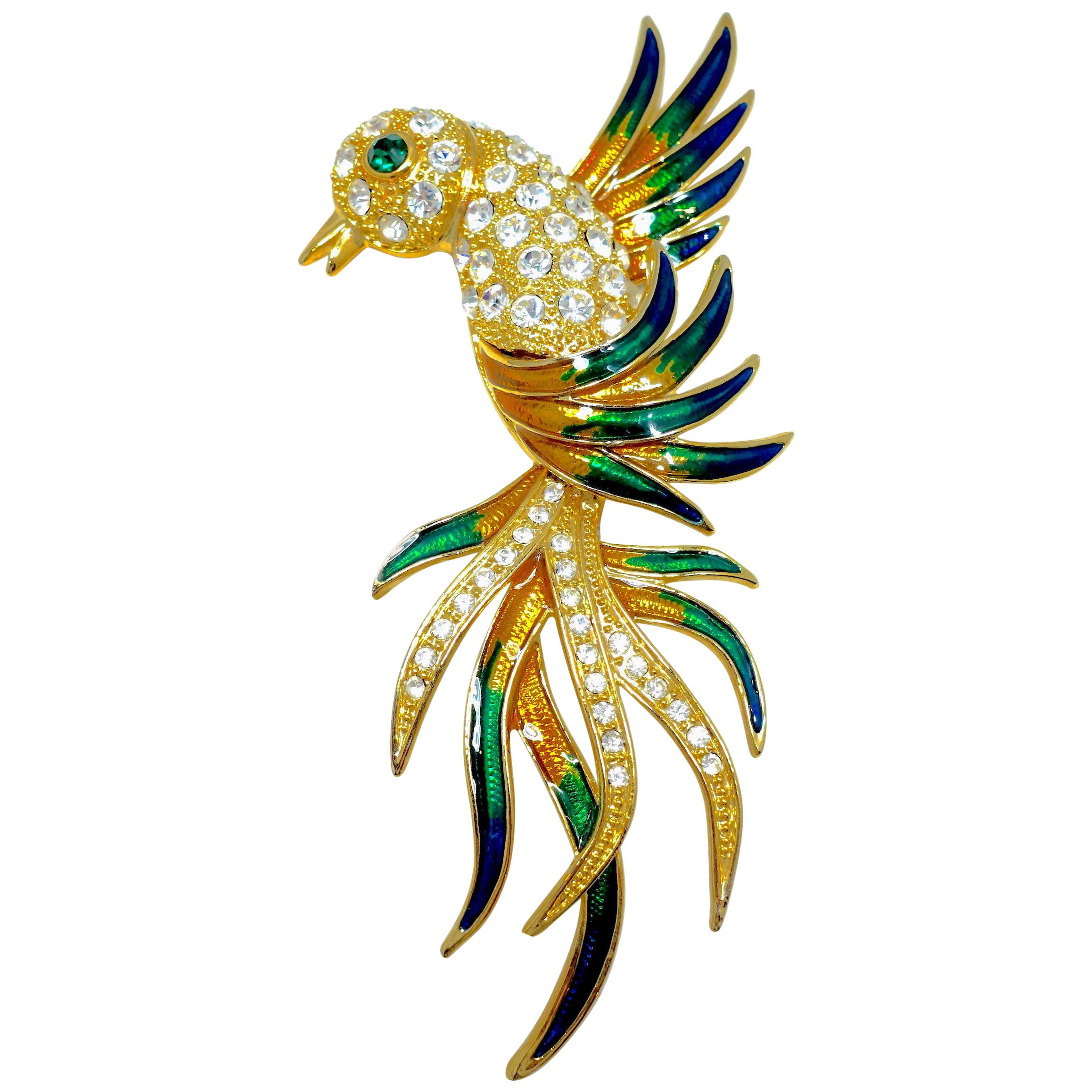 Large Green & Clear Crystals & Enamel Bird Brooch For Sale