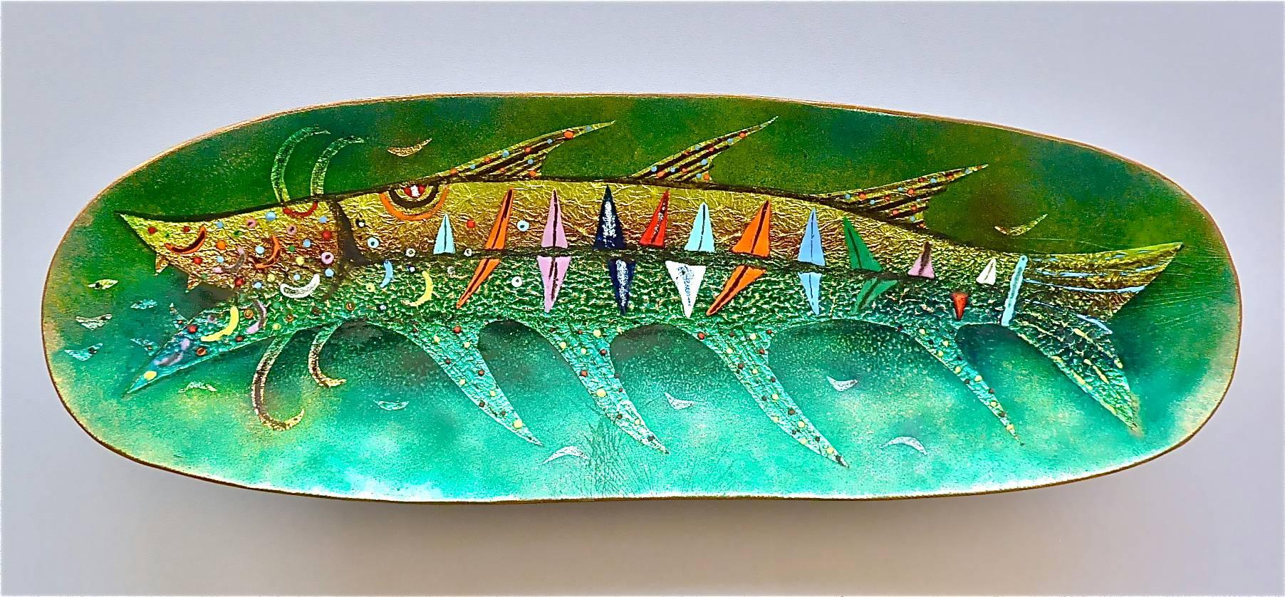 Large Green Colorful Enamel on Copper Fish Bowl De Poli or circle, Italy, 1950s 3