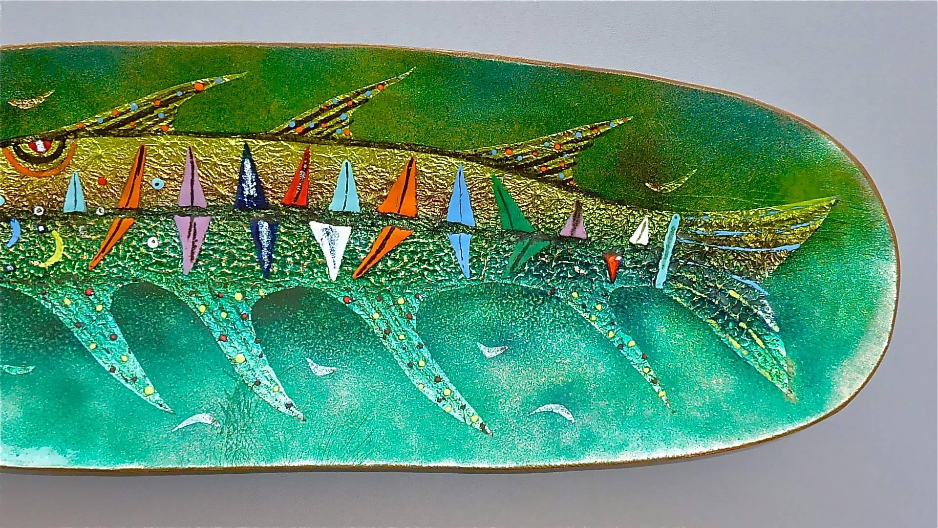 Mid-Century Modern Large Green Colorful Enamel on Copper Fish Bowl De Poli or circle, Italy, 1950s