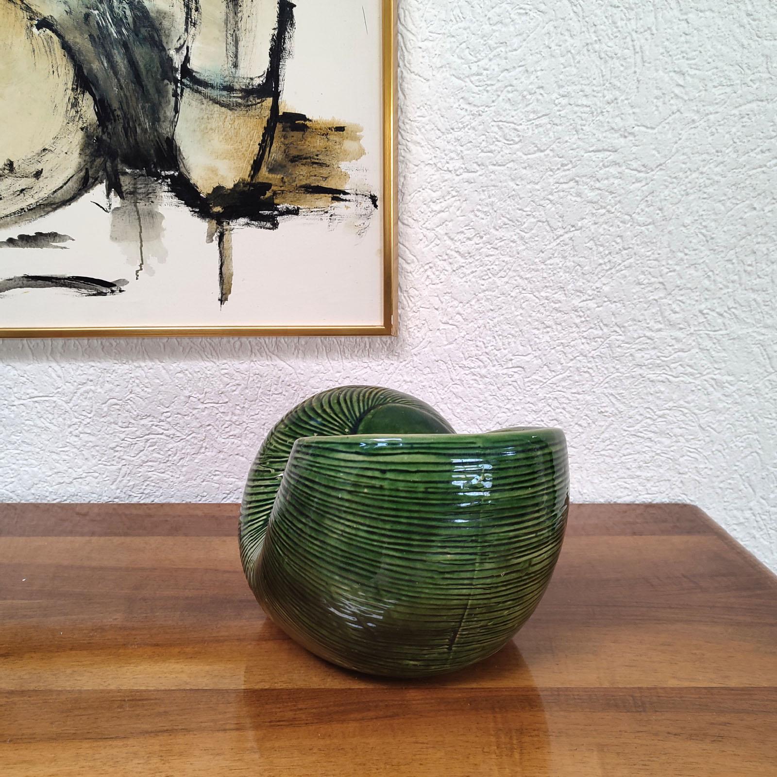 20th Century Large Green Coquille Snail Shell Ceramic Cachepot, Mid-Century