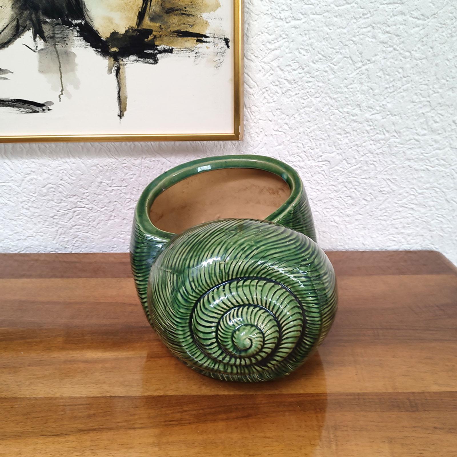 Danish Large Green Coquille Snail Shell Ceramic Cachepot, Mid-Century