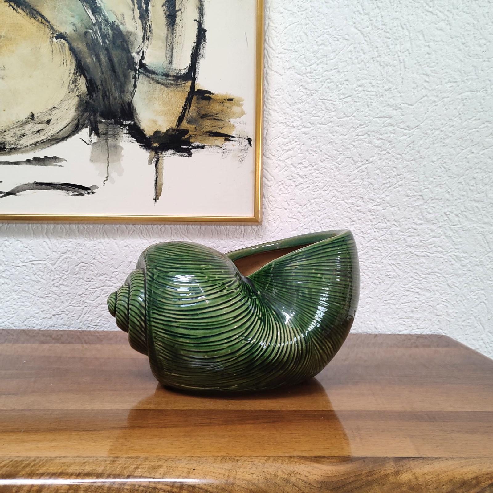 Glazed Large Green Coquille Snail Shell Ceramic Cachepot, Mid-Century