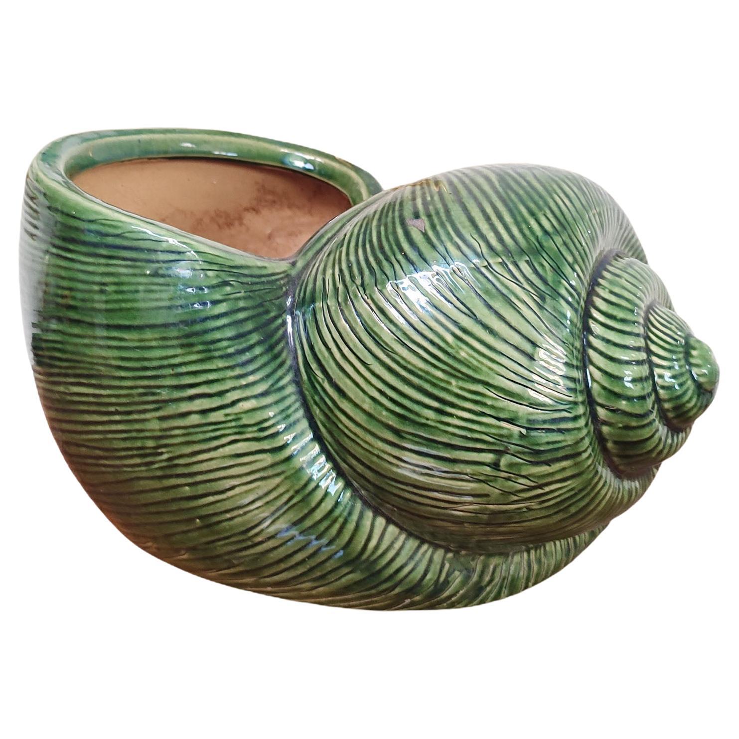 Large Green Coquille Snail Shell Ceramic Cachepot, Mid-Century
