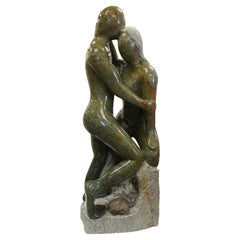 Vintage Large Green Decorative Soapstone Carving of Two People Hugging