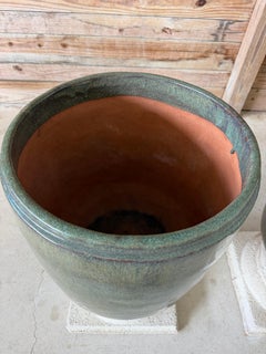 Large Green Drip Glaze Ceramic Planters on Cast Stone Pedestals-Pair