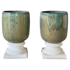 Large Green Drip Glaze Ceramic Planters on Cast Stone Pedestals-Pair