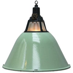 Large Green Enamel Vintage Industrial Holophane Glass Pendant Light