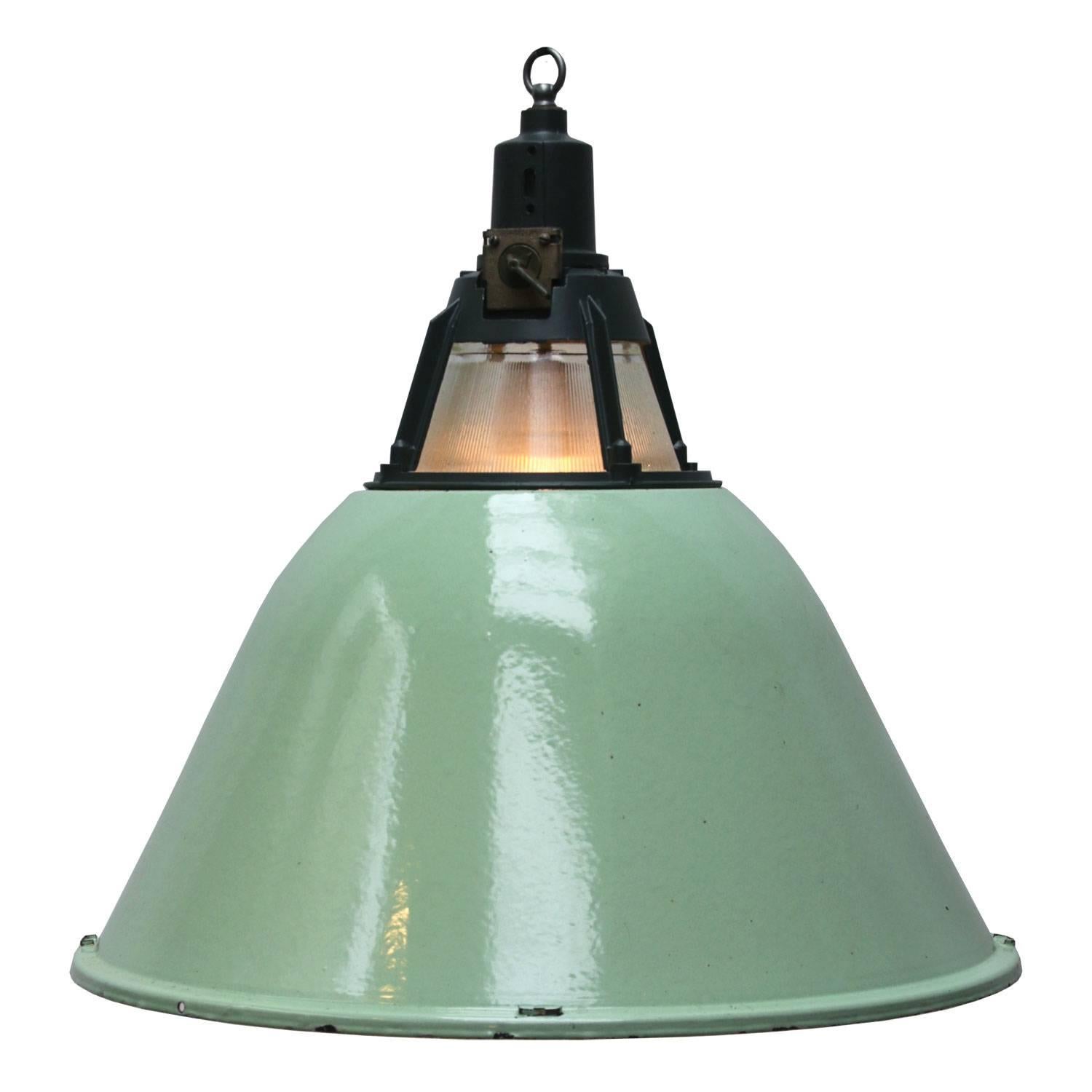 Large Green Enamel Vintage Industrial Holophane Glass Pendant Lights (3x)