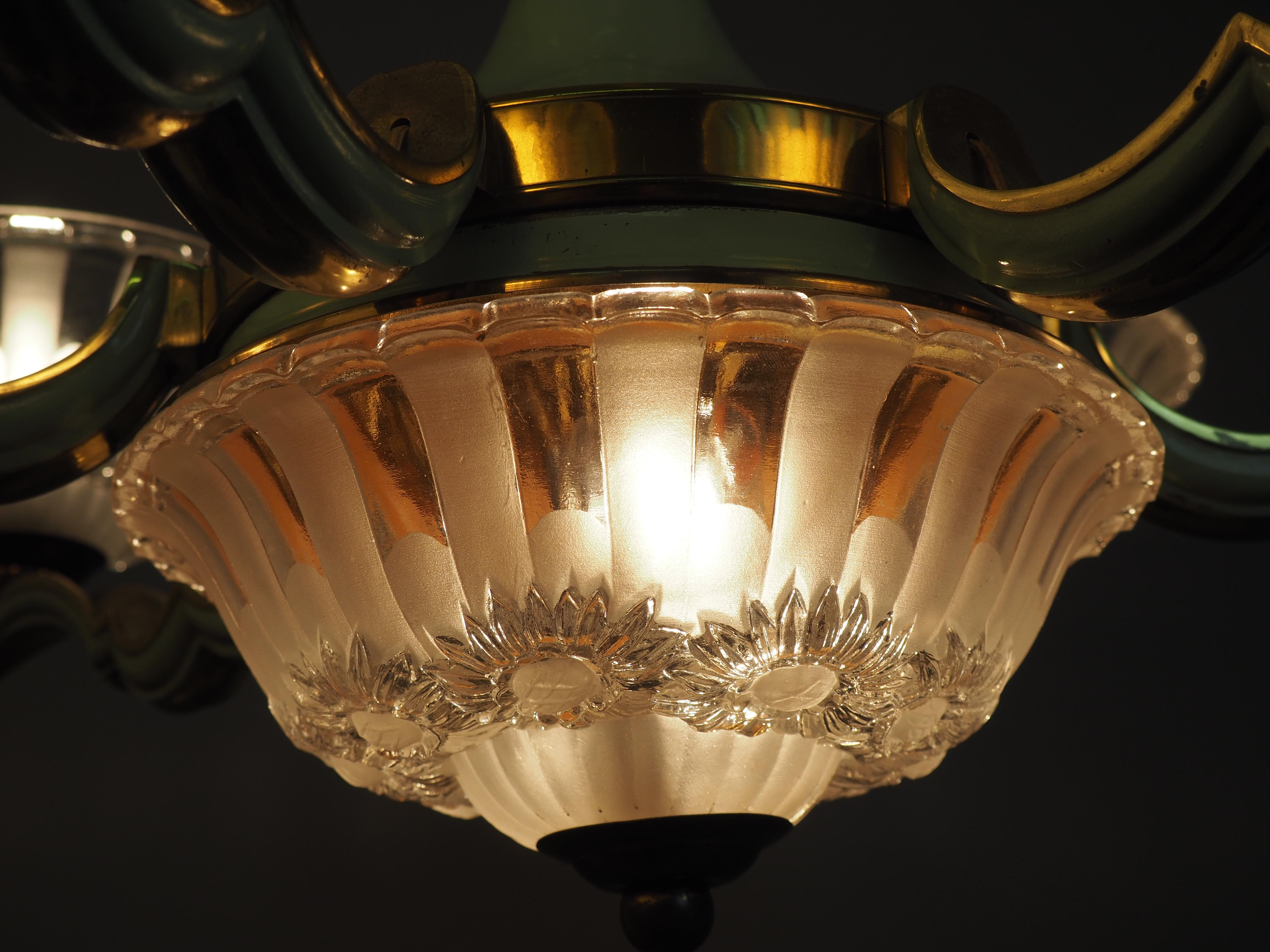 Large Green Enameled Nine-Light Art Deco Chandelier by Ezan, circa 1930s 6