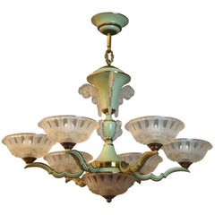 Vintage Large Green Enameled Nine-Light Art Deco Chandelier by Ezan, circa 1930s