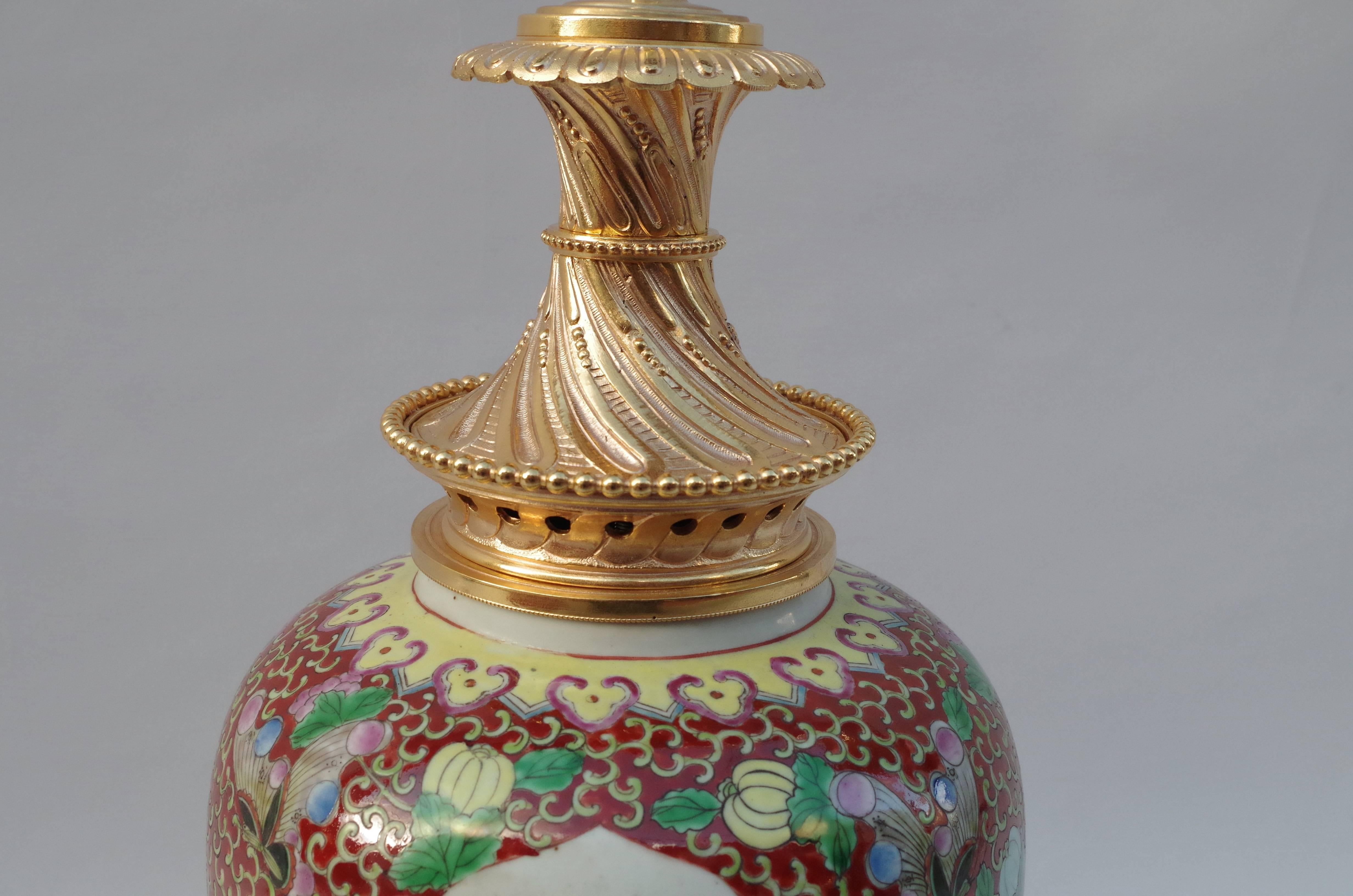 Chinoiserie Large Green Family Porcelain and Gilt Bronze Mount Lamp, circa 1880 For Sale