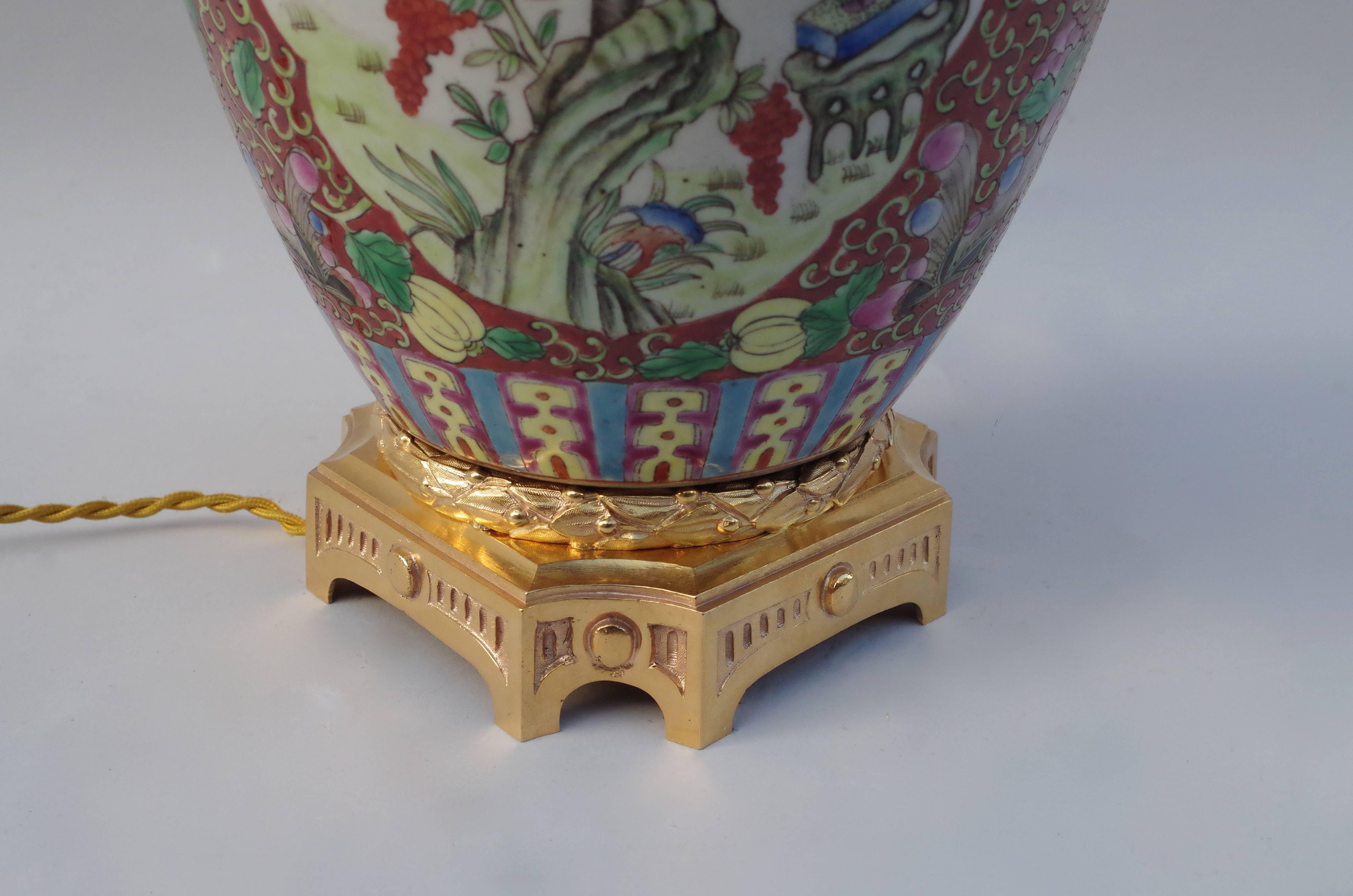 Enameled Large Green Family Porcelain and Gilt Bronze Mount Lamp, circa 1880 For Sale