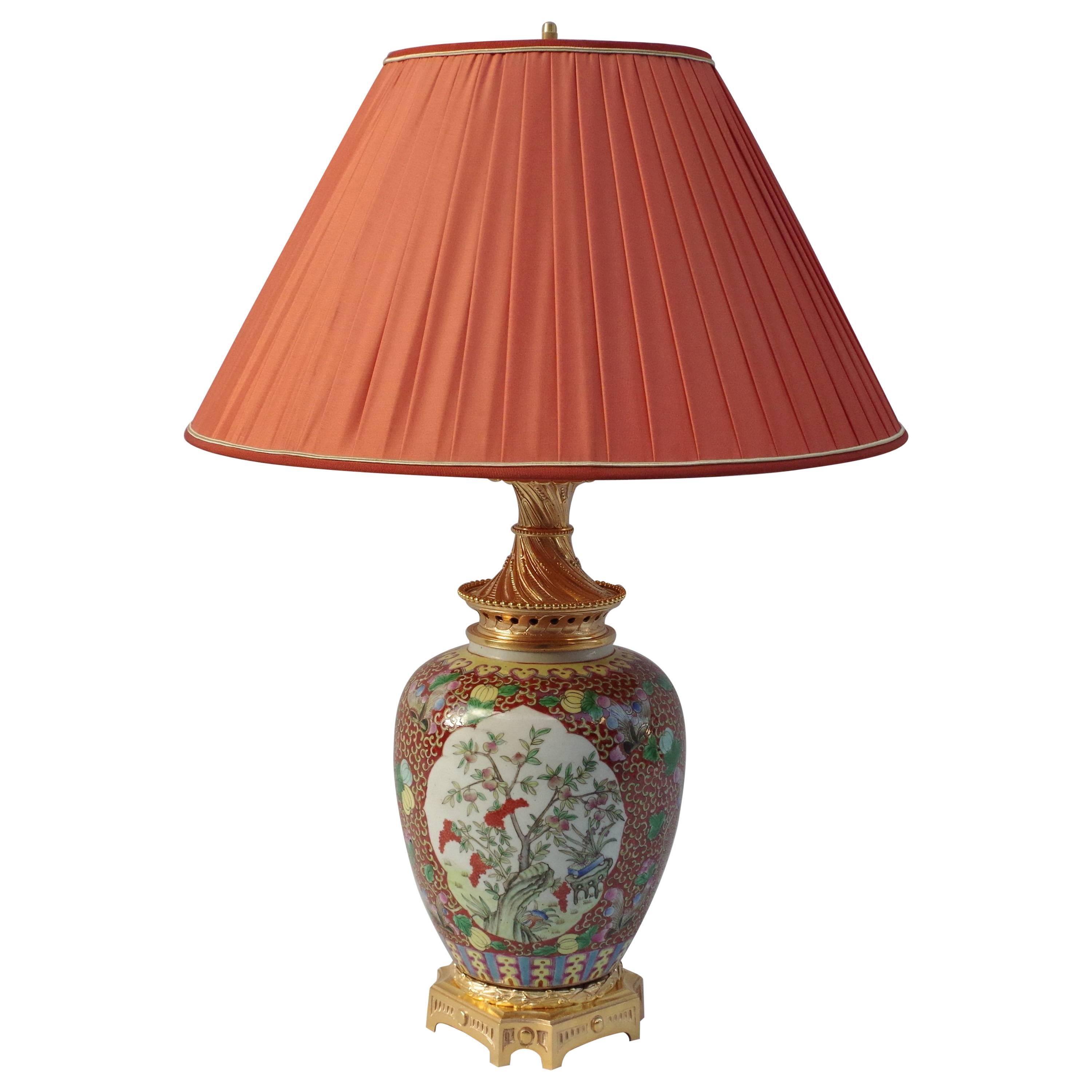 Large Green Family Porcelain and Gilt Bronze Mount Lamp, circa 1880 For Sale