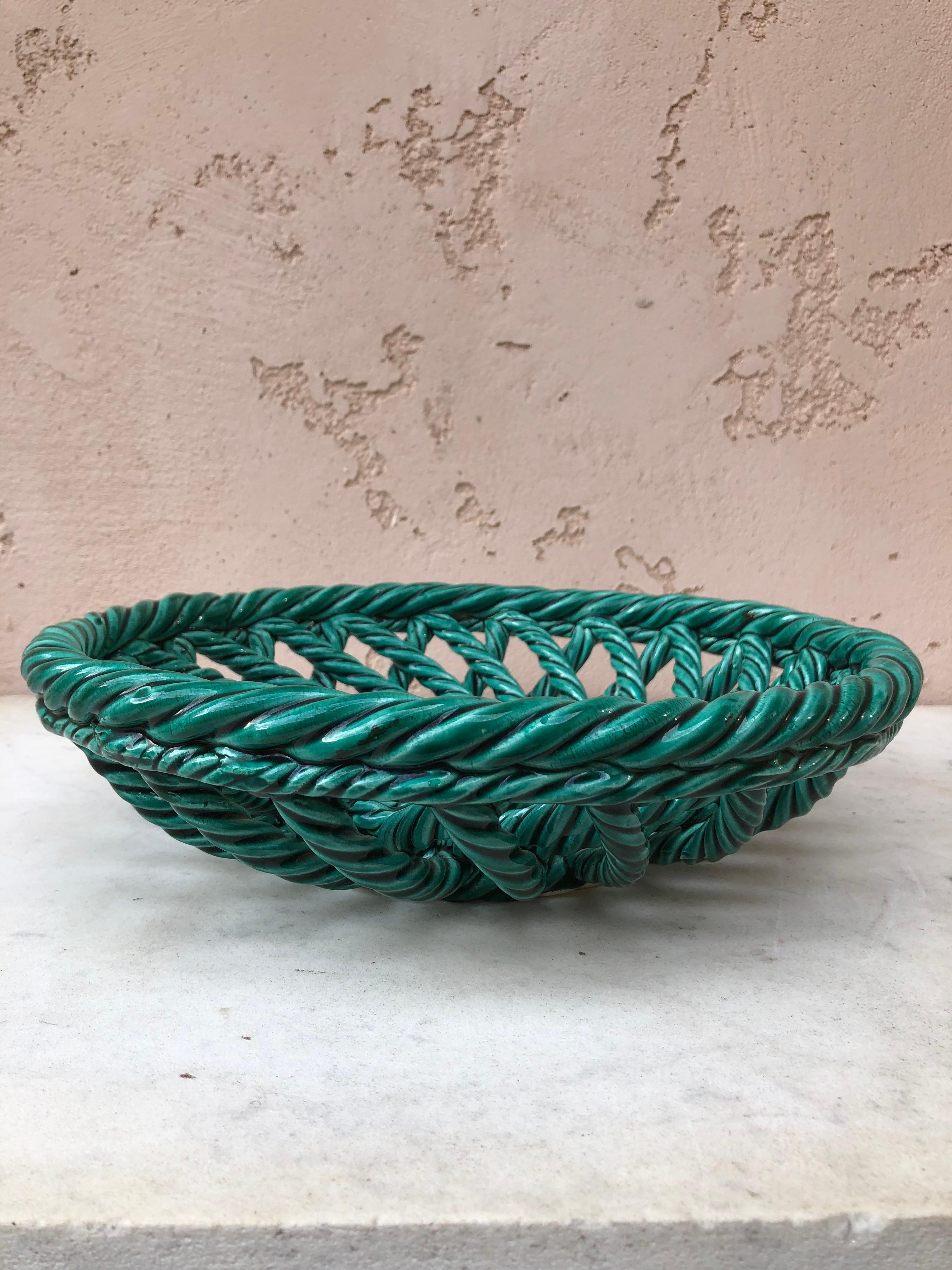 Large Green French Bowl or Basket Vallauris circa 1950 In Good Condition In Austin, TX