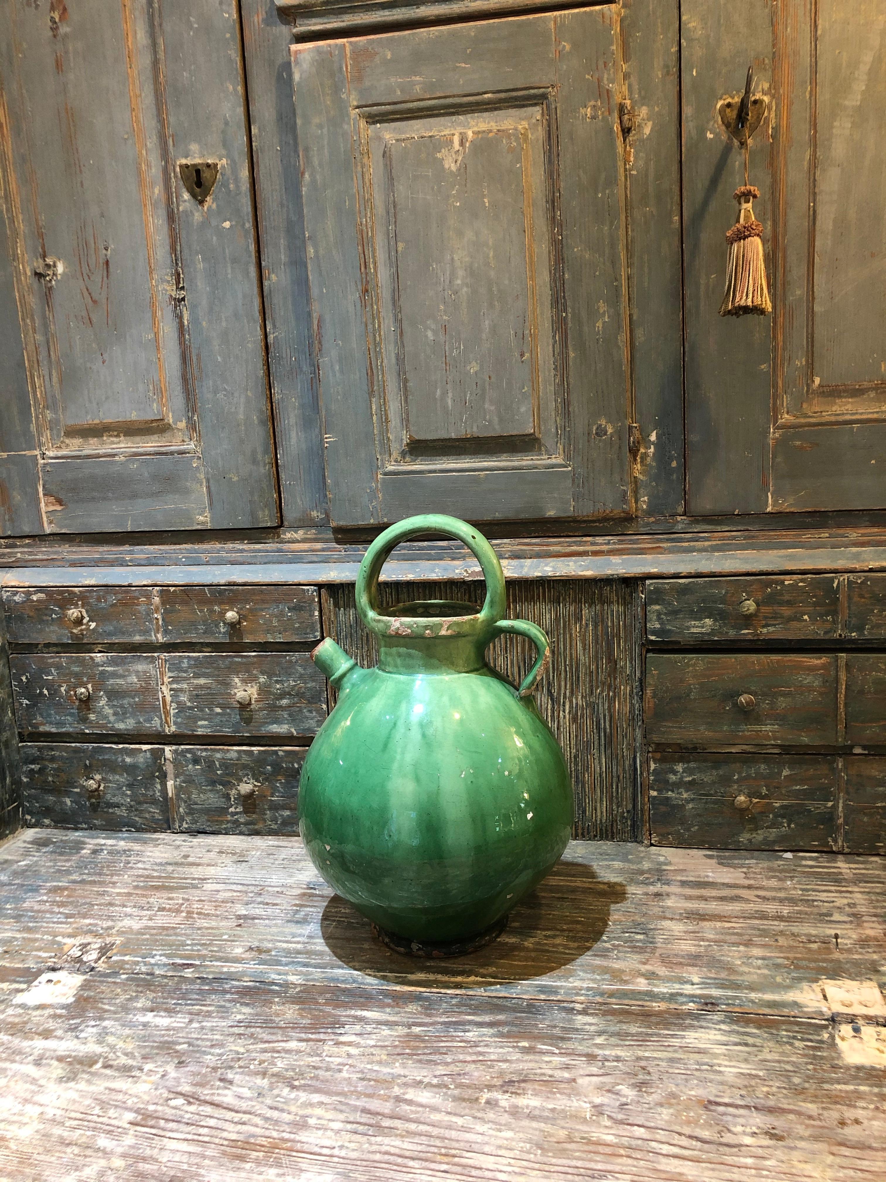 19th Century Large Green French Crockery Oil Vessel with handles