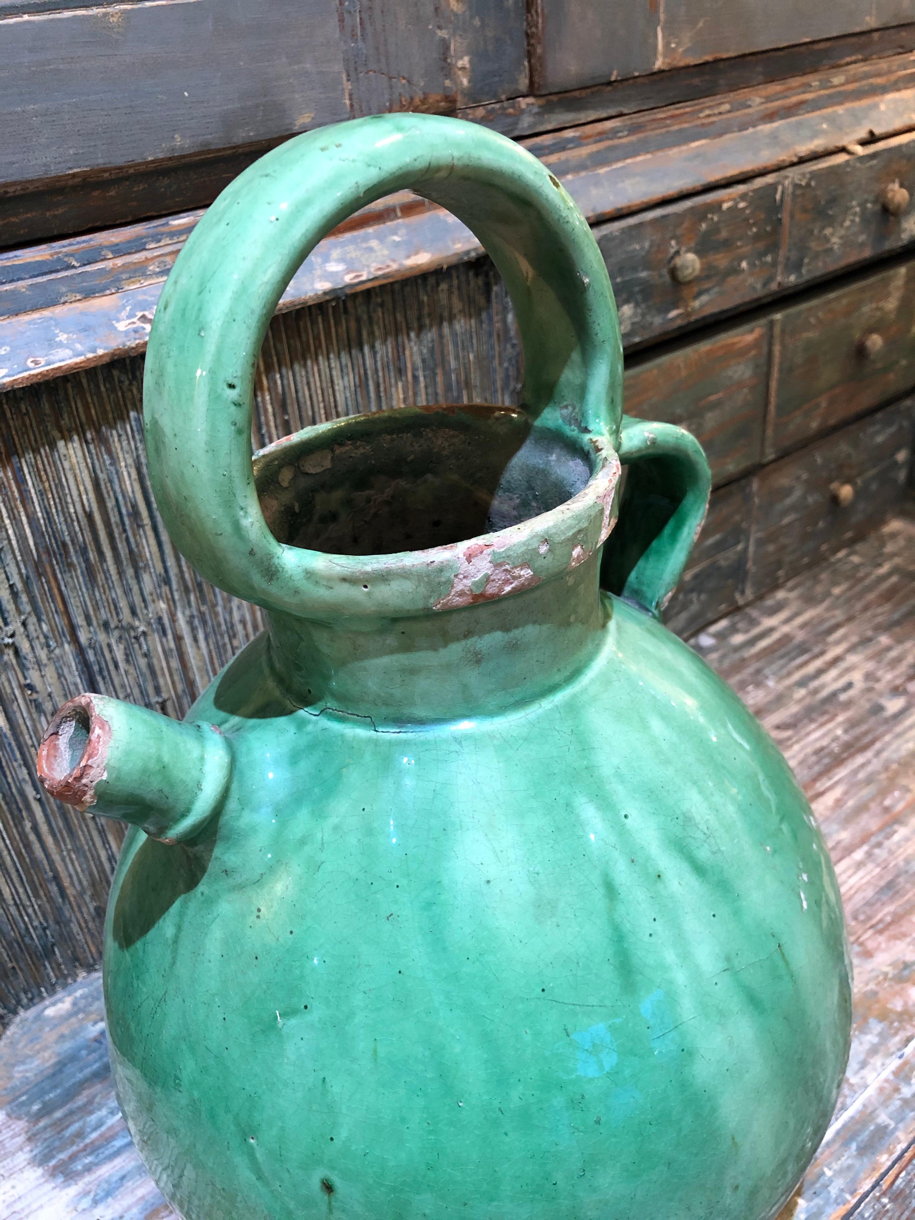 Large Green French Crockery Oil Vessel with handles 1
